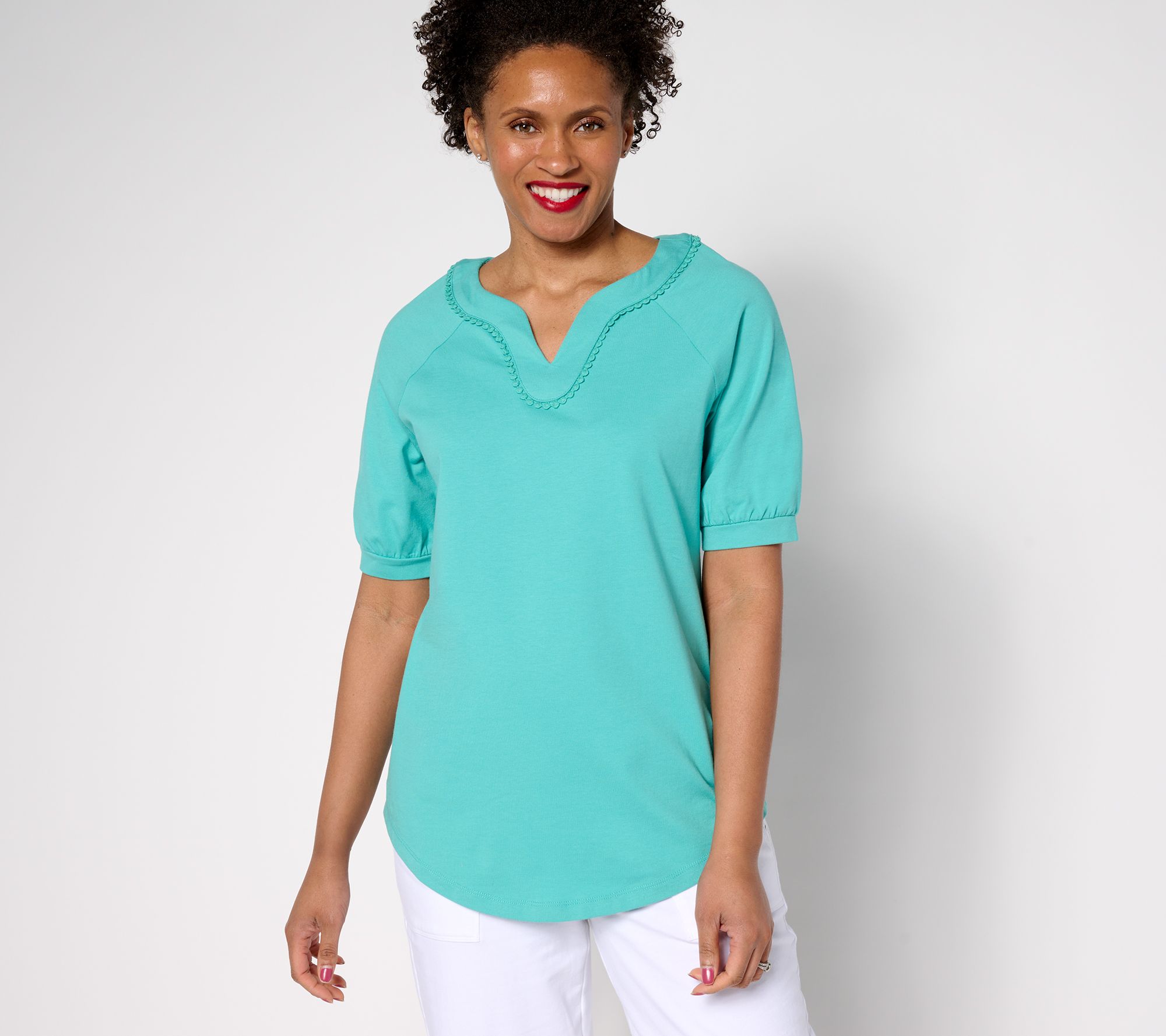 Sport Savvy Cotton Span Elbow Sleeve Top with Pom Neckline