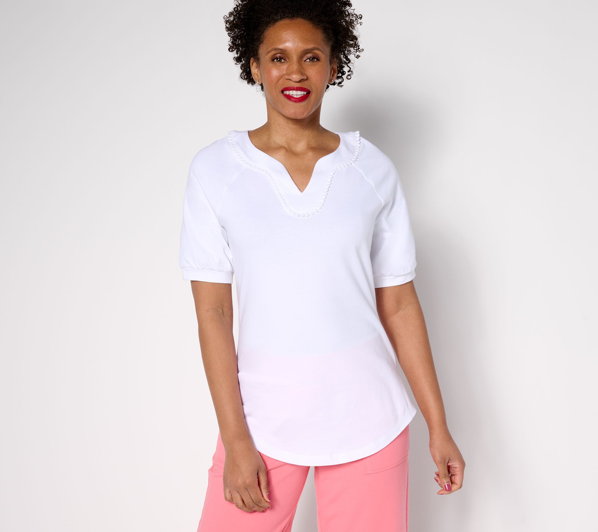 Sport Savvy Cotton Span Elbow Sleeve Top with Pom Neckline