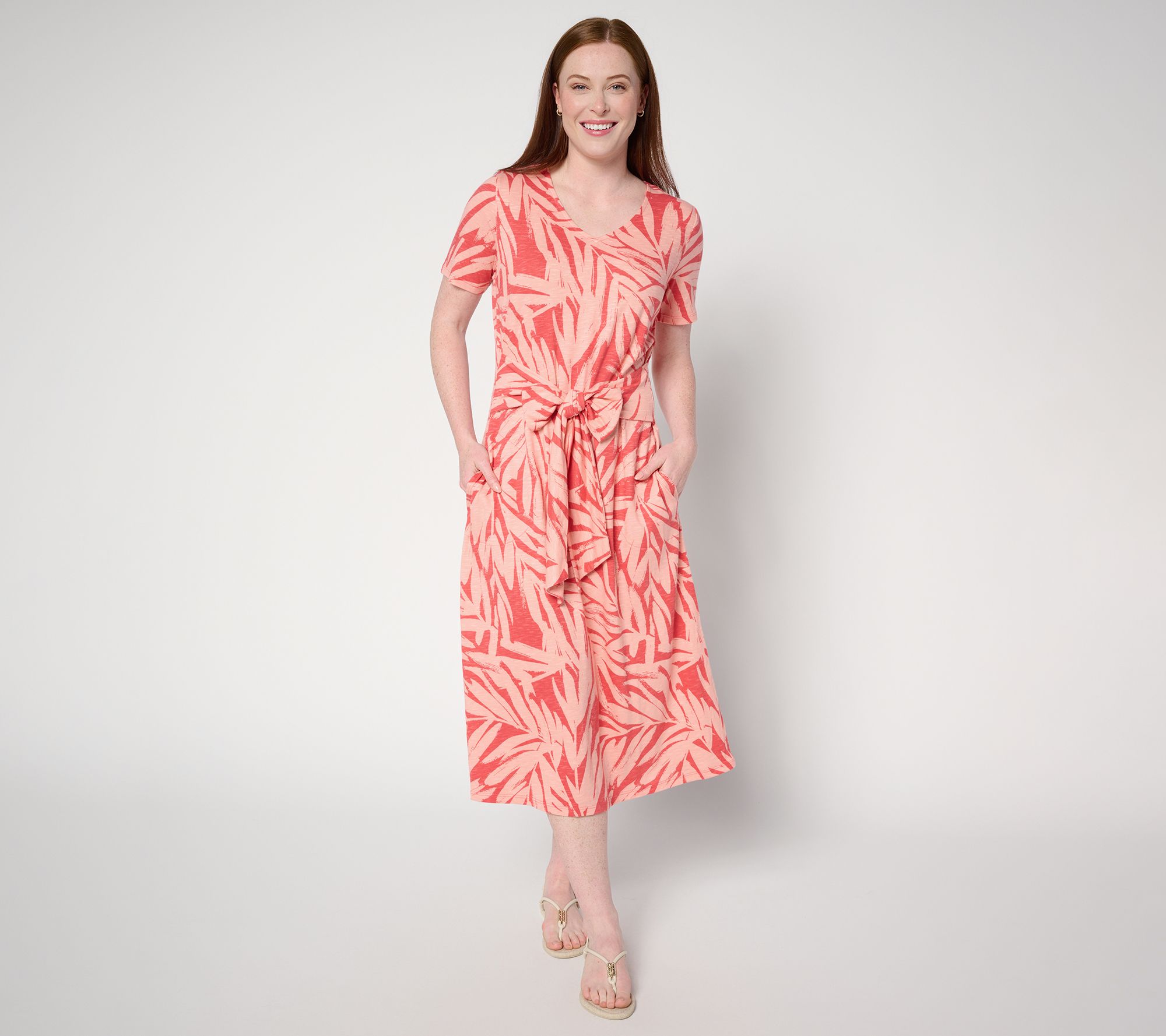 Denim & Co. Slub Jersey Tie Waist Midi Dress with Pockets