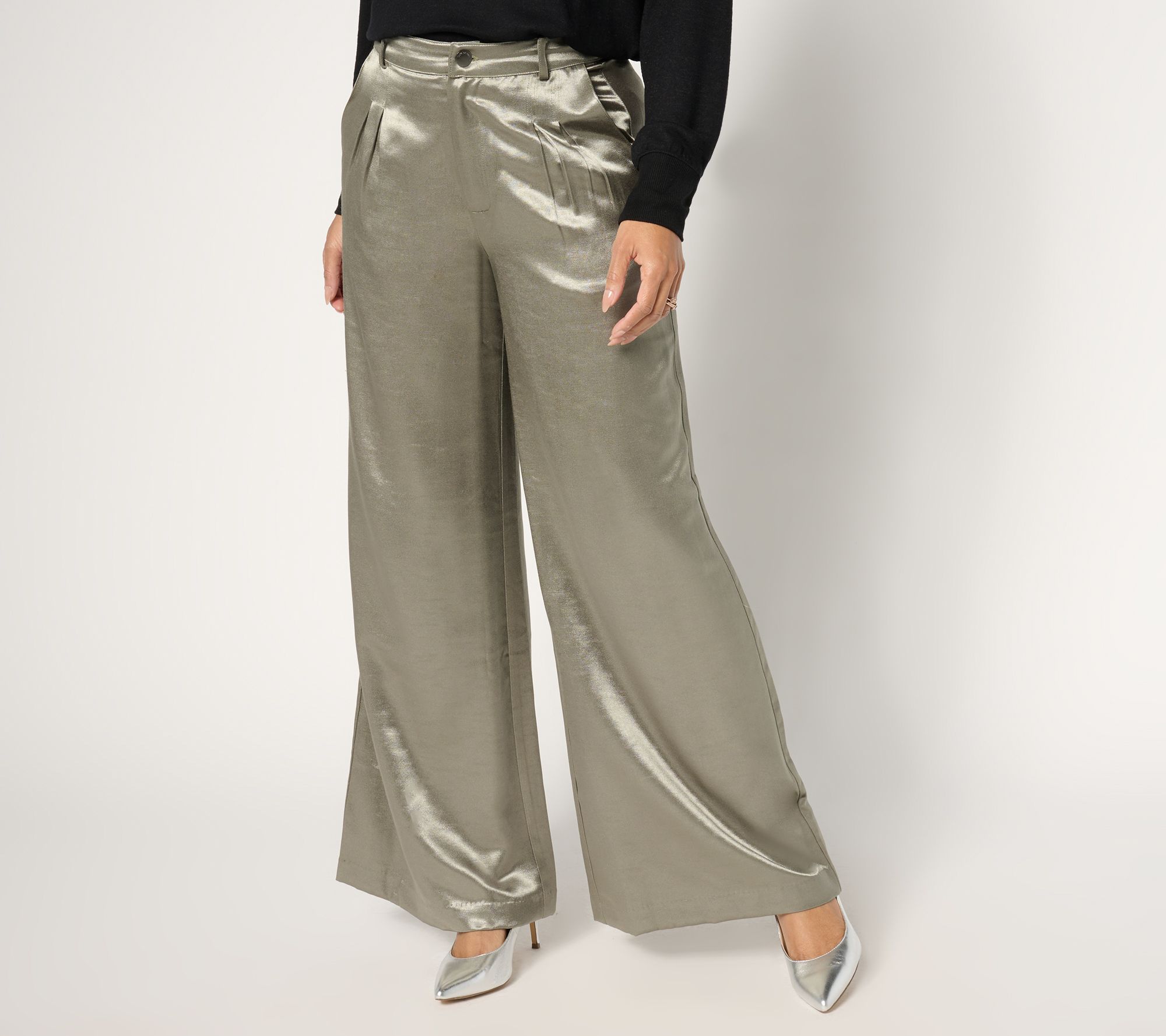"As Is" Peace Love World Black Label Petite Shiny Wide Trouser