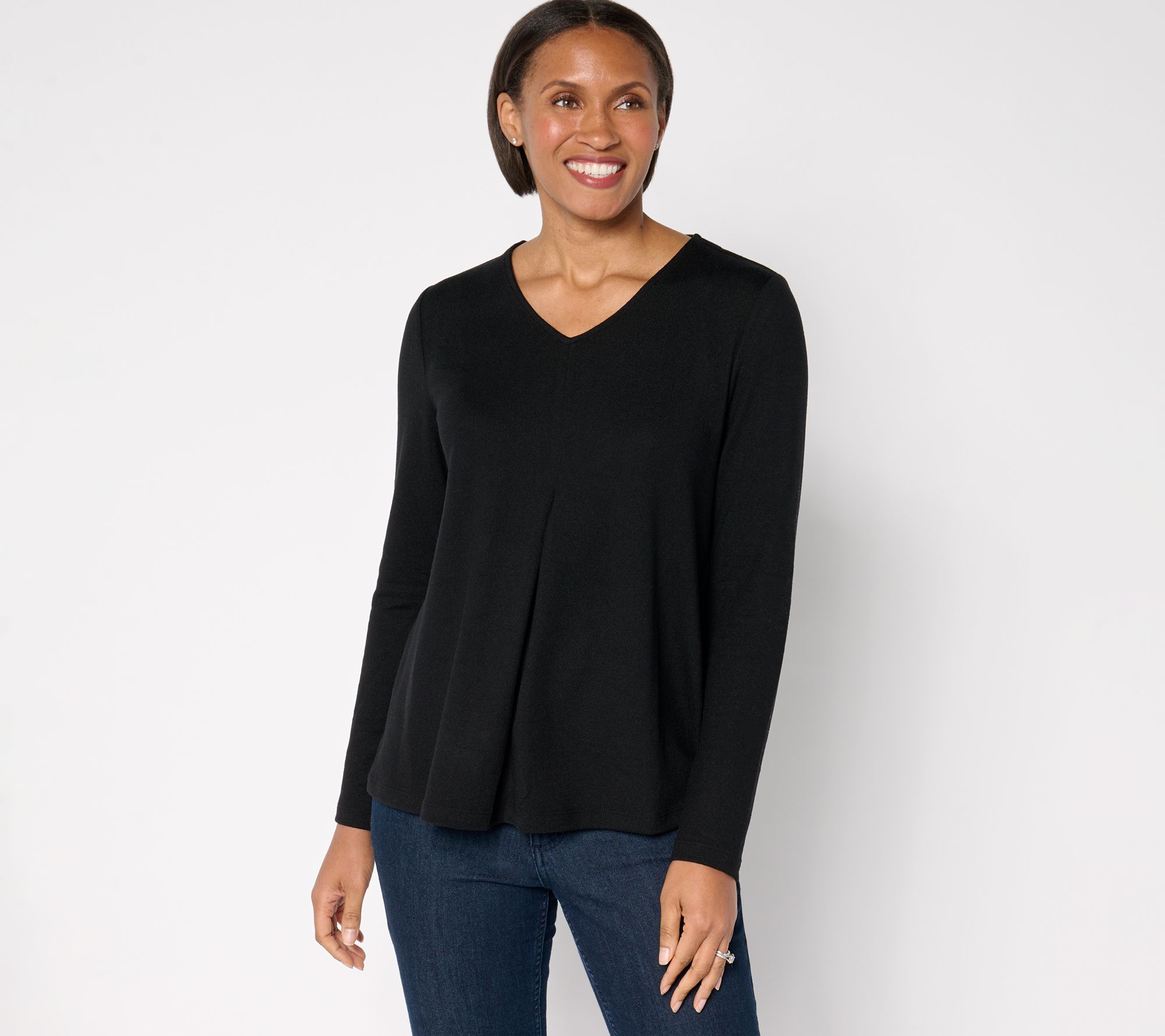 "As Is" Denim & Co. Heavenly Jersey Printed or Solid Swing Top w/Pleat