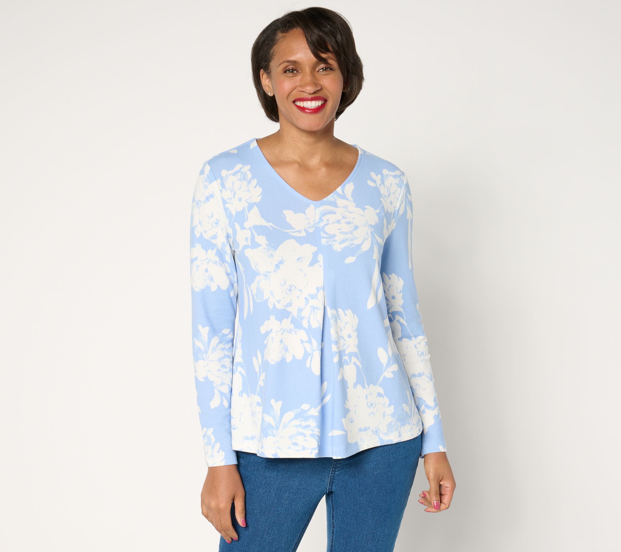 "As Is" Denim & Co. Heavenly Jersey Printed or Solid Swing Top w/Pleat