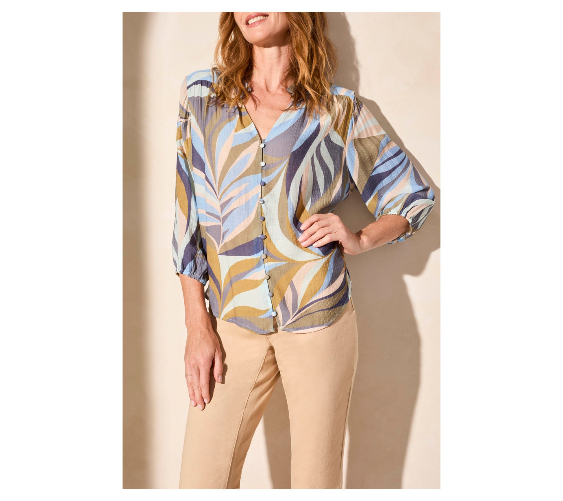 Tribal 3/4 Sleeve Button-Front Blouse