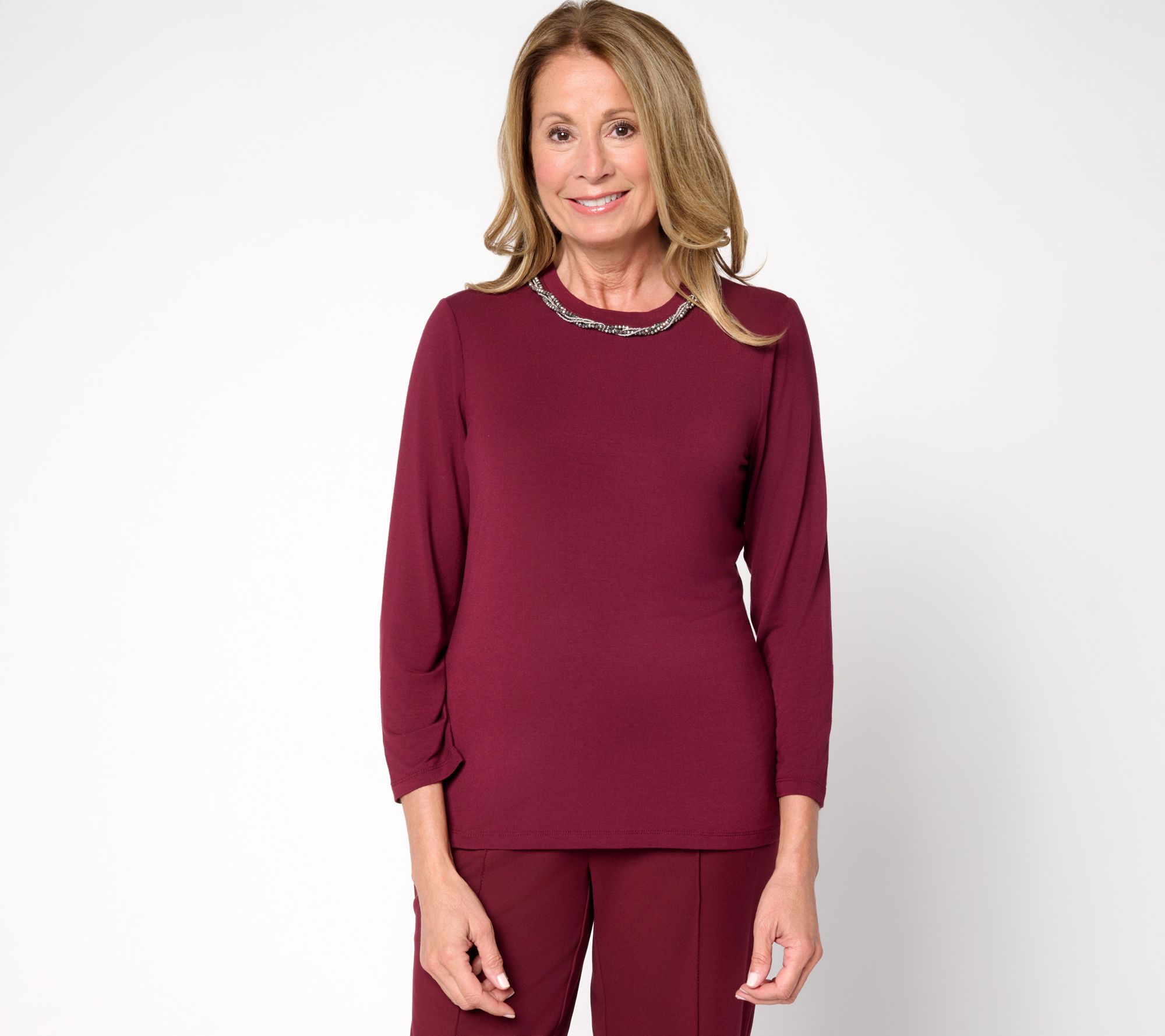 nicole by Nicole Miller Luxe Modal Beaded Neck 3/4 Sleeve Top