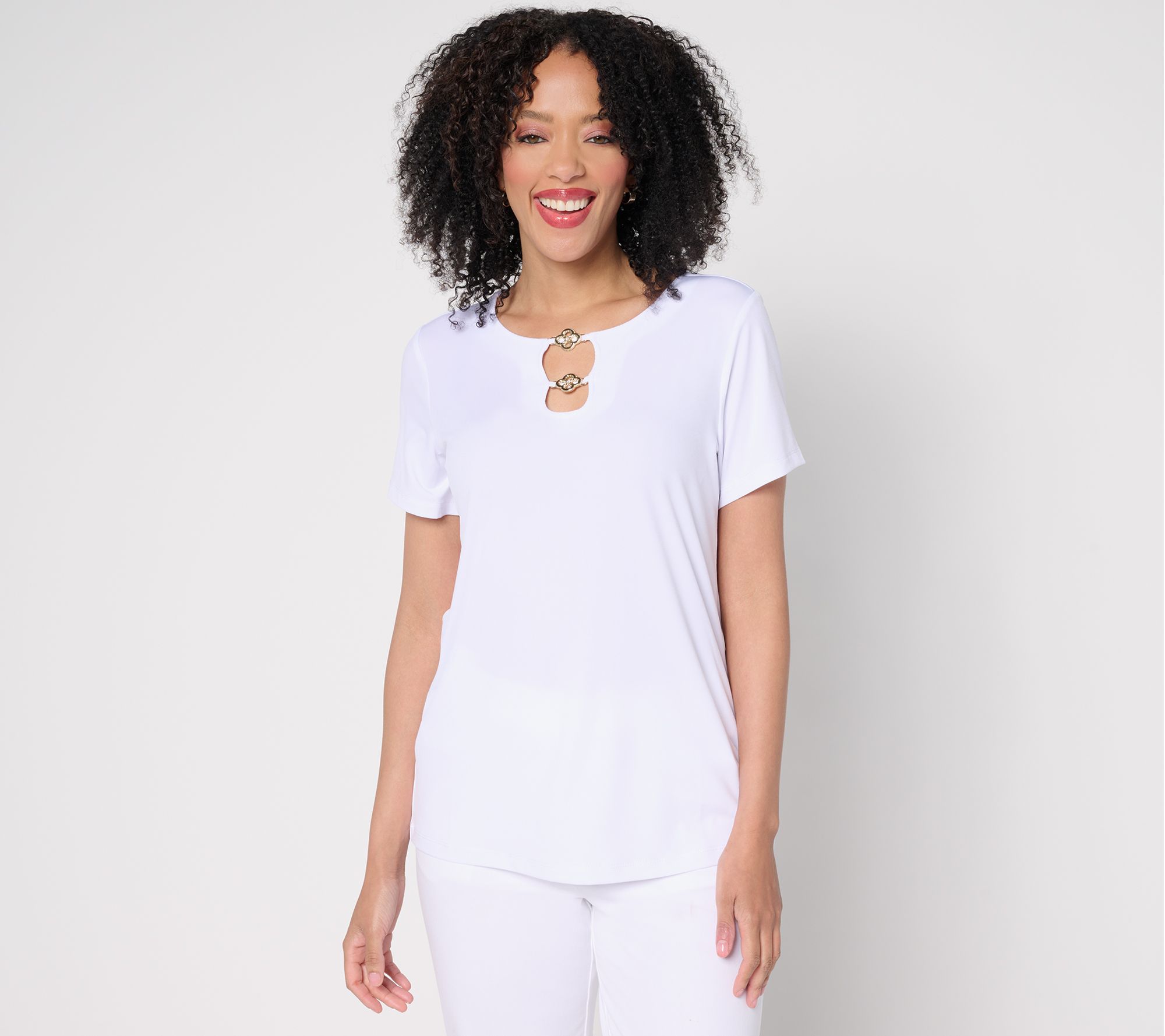 "As Is" Susan Graver Liquid Knit Cap Sleeve Top with Keyhole Trim