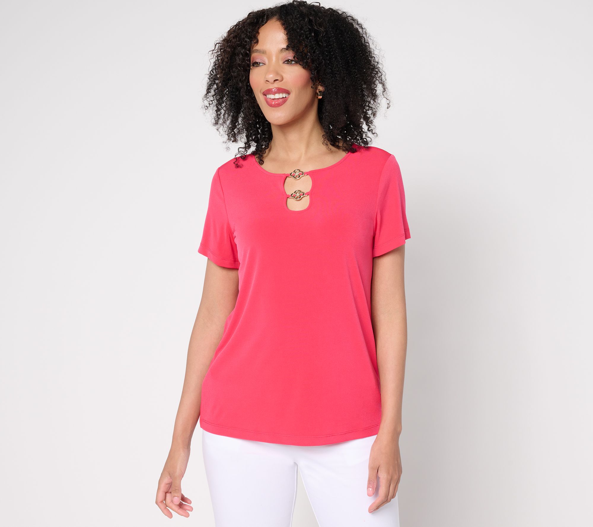 "As Is" Susan Graver Liquid Knit Cap Sleeve Top with Keyhole Trim