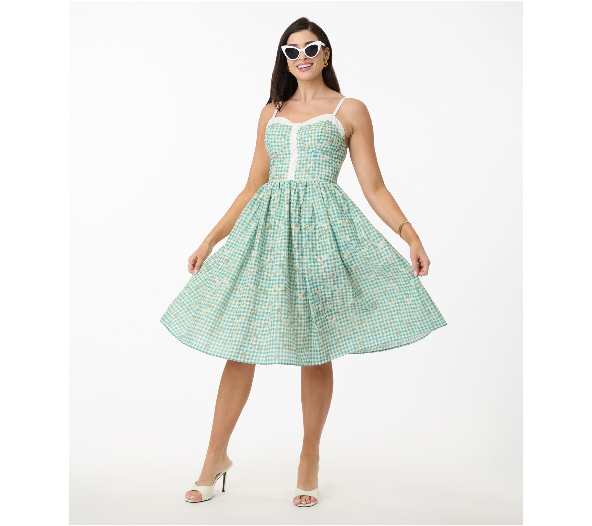 Unique Vintage Green Gingham & Floral Sweetheart Swing Dress