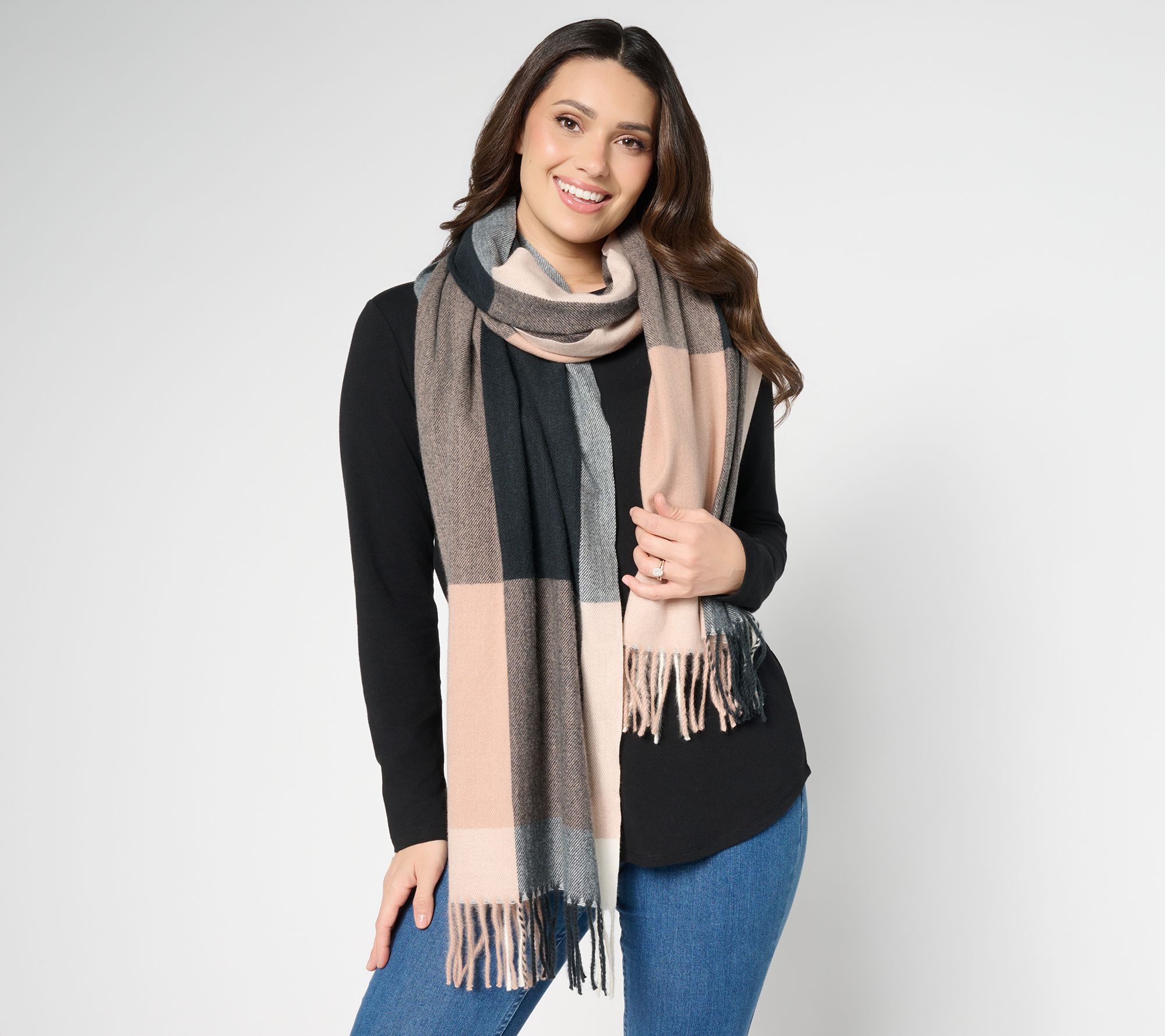 Belle by Kim Gravel Color Block Check Scarf with Fringe