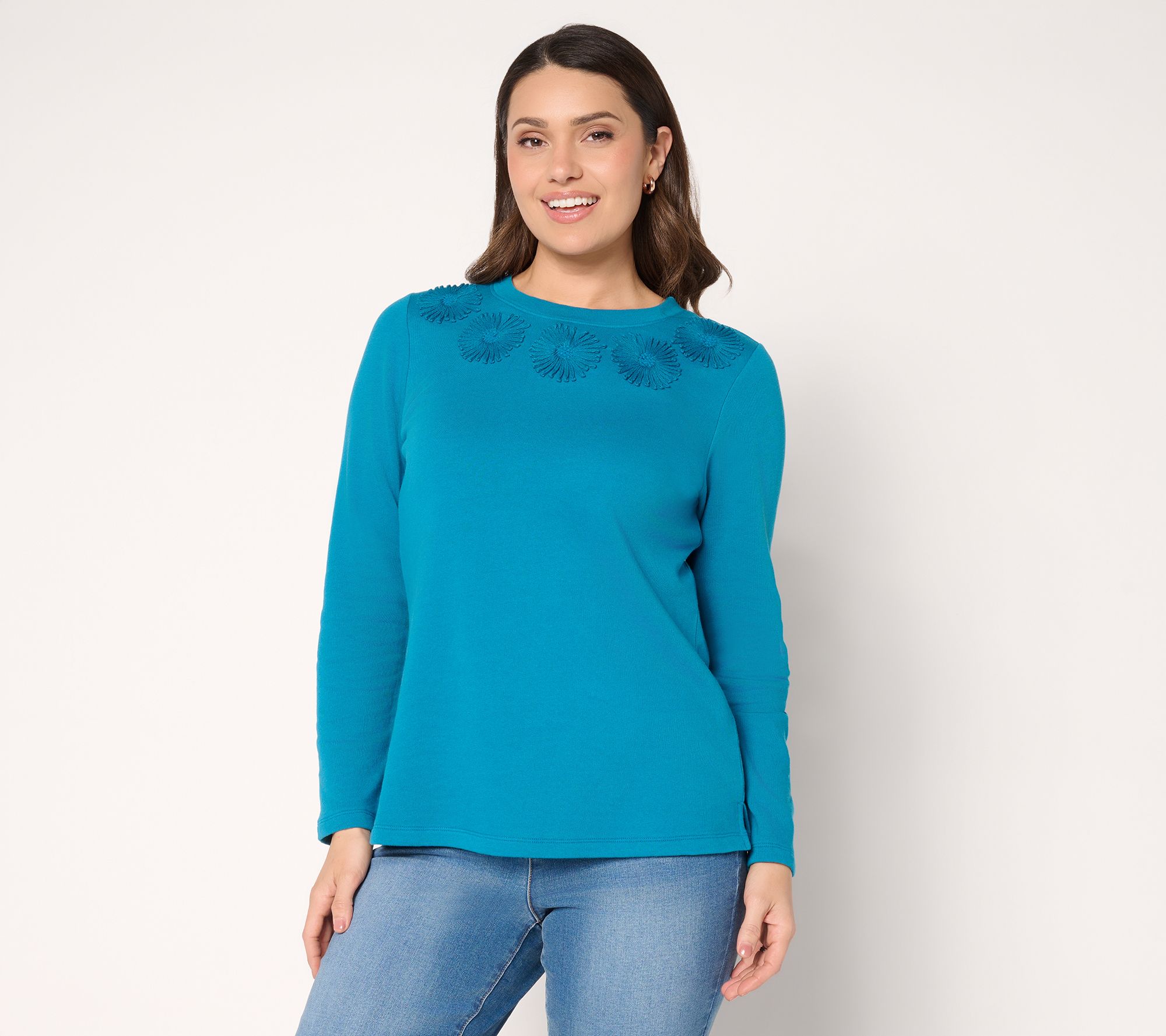 Denim & Co. 100% Cotton Embroidered Long Sleeve Crew Neck Top