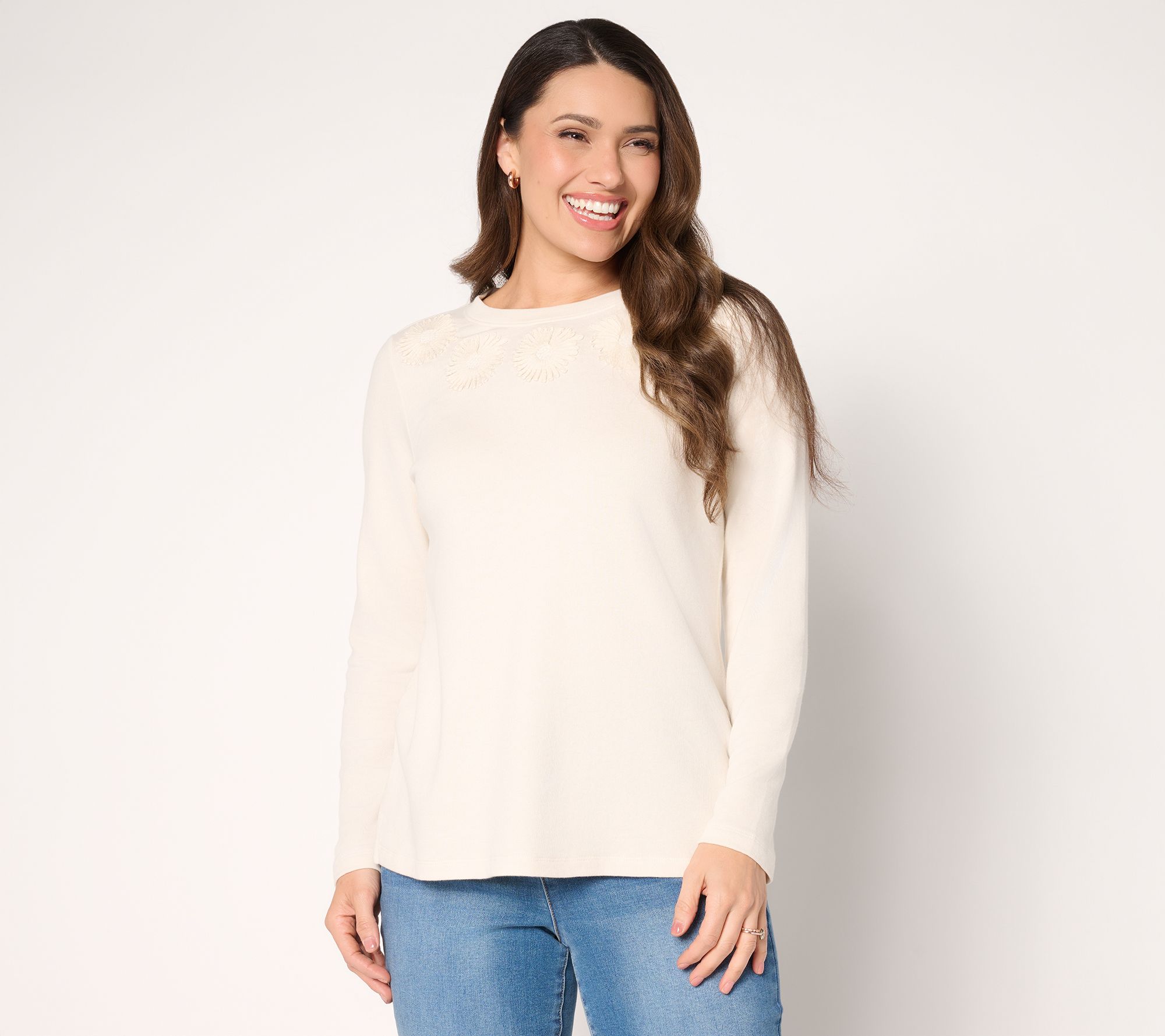 Denim & Co. 100% Cotton Embroidered Long Sleeve Crew Neck Top