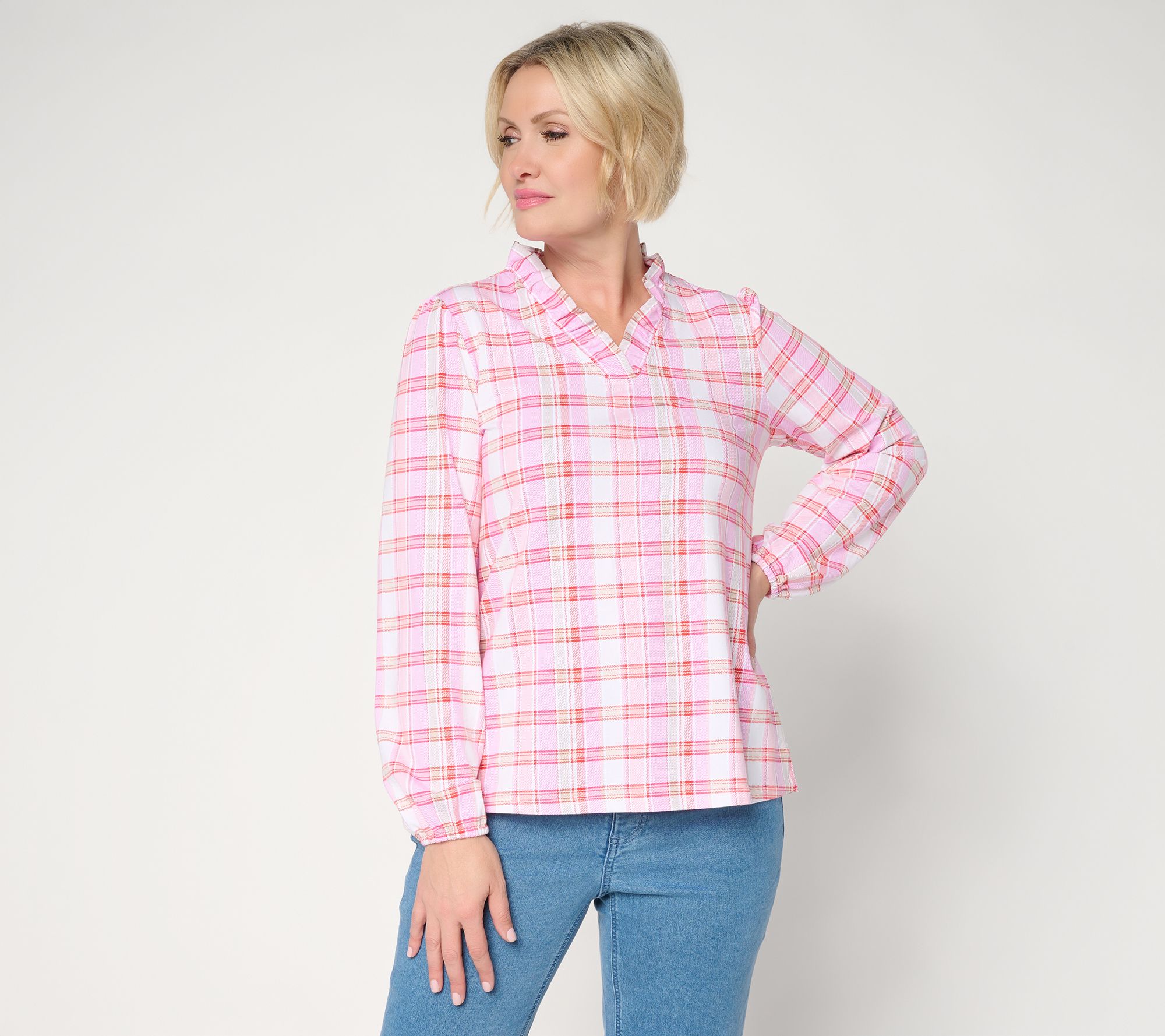 Denim & Co. Plaid Favorite Jersey Ruffled V-Neck Top