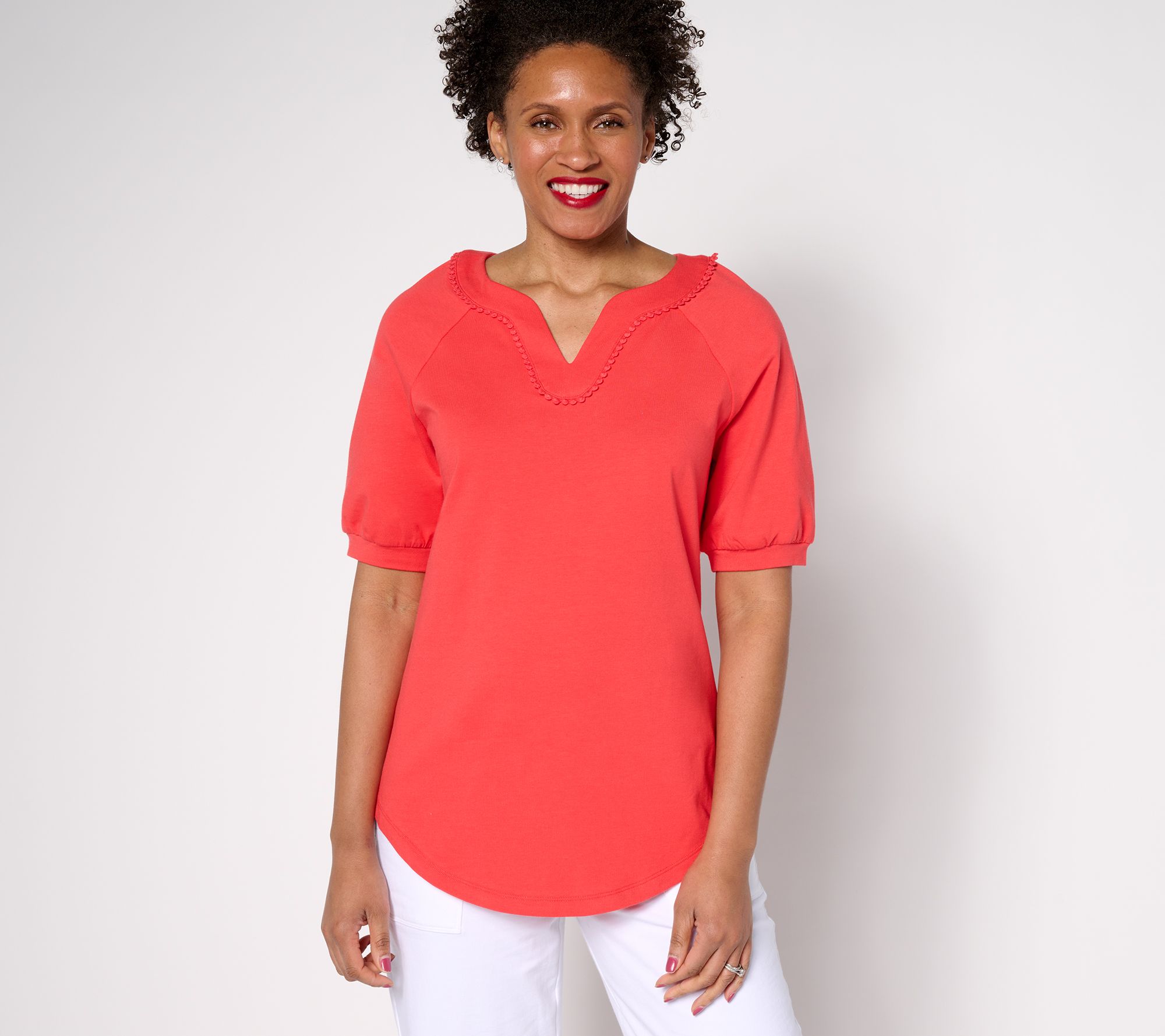 "As Is" Sport Savvy Cotton Span Elbow Sleeve Top with Pom Pom Neck