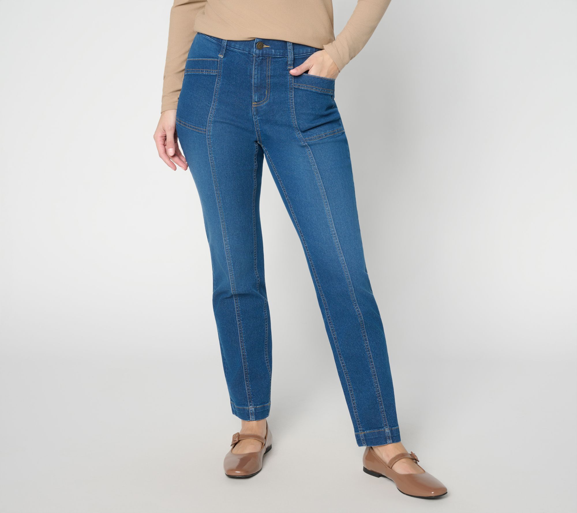 Denim & Co. Petite Indigo Classic Stretch Straight Leg Jean w/ Seaming