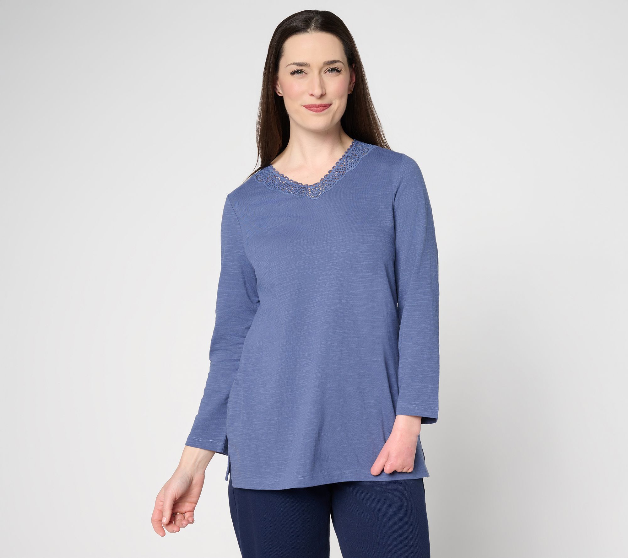 Denim & Co. Petite Textured Cotton Bracelet Sleeve V-Neck Tunic