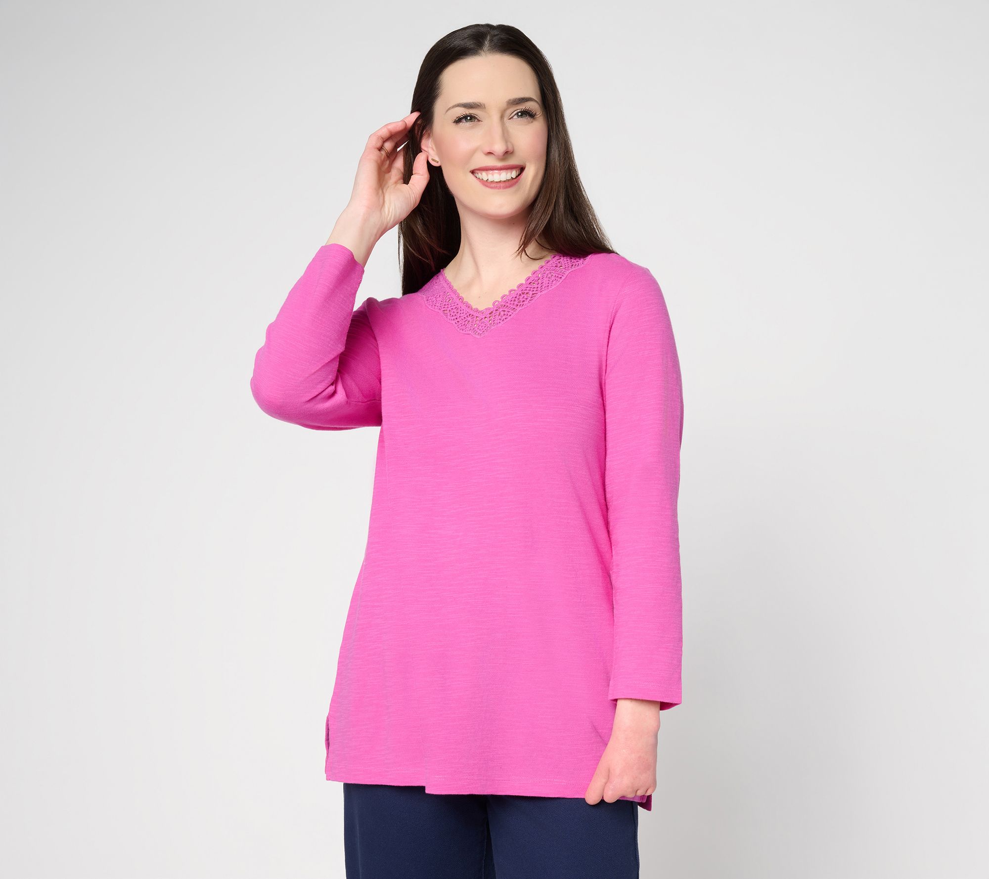 Denim & Co. Petite Textured Cotton Bracelet Sleeve V-Neck Tunic