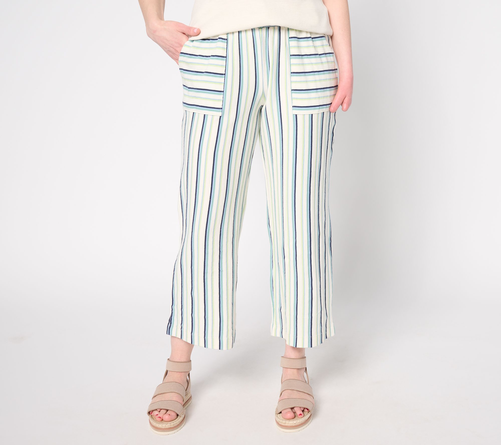 "As Is" AnyBody Petite Cotton Novelty Knit Stripe Cropped Pants