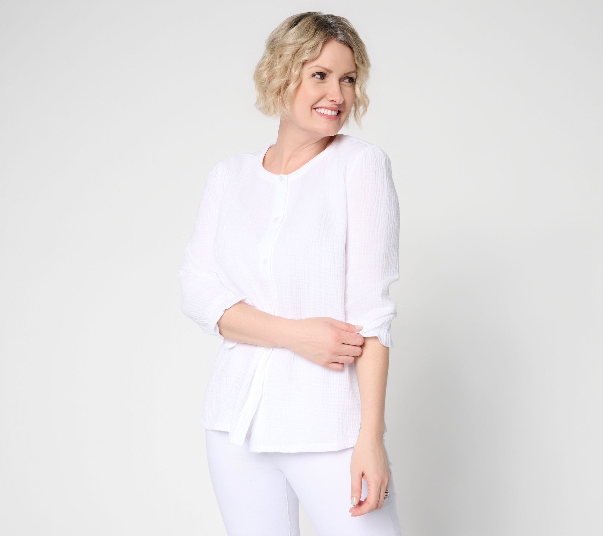 Denim & Co. Beach  Gauze Button Front 3/4 Sleeve Top