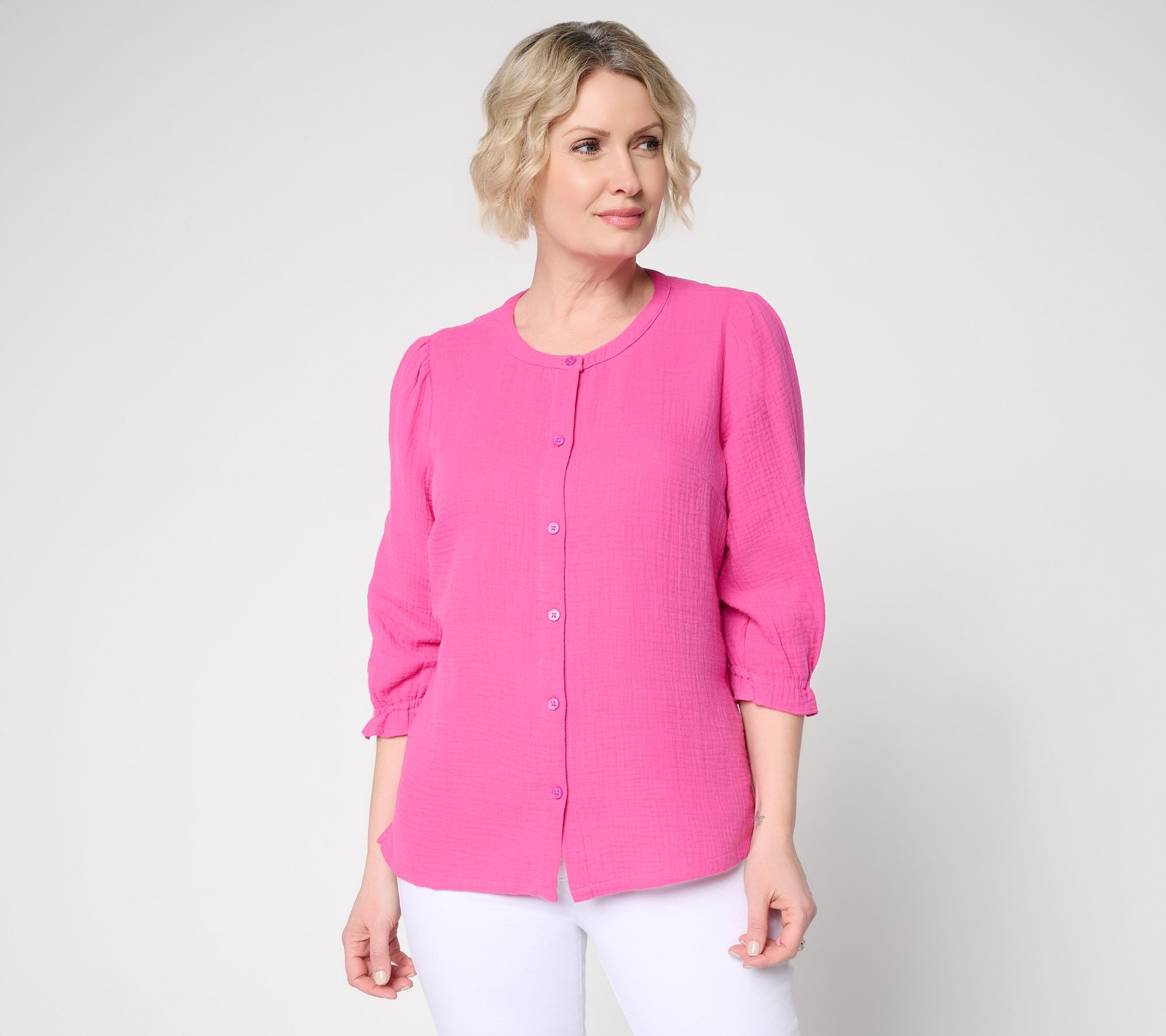 Denim & Co. Beach  Gauze Button Front 3/4 Sleeve Top