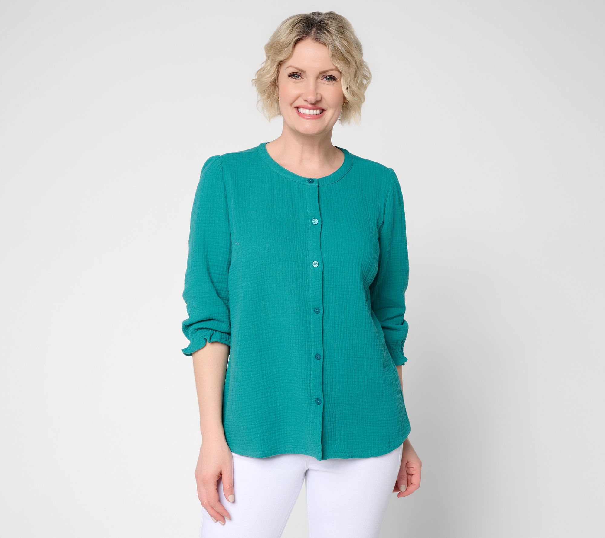 Denim & Co. Beach  Gauze Button Front 3/4 Sleeve Top