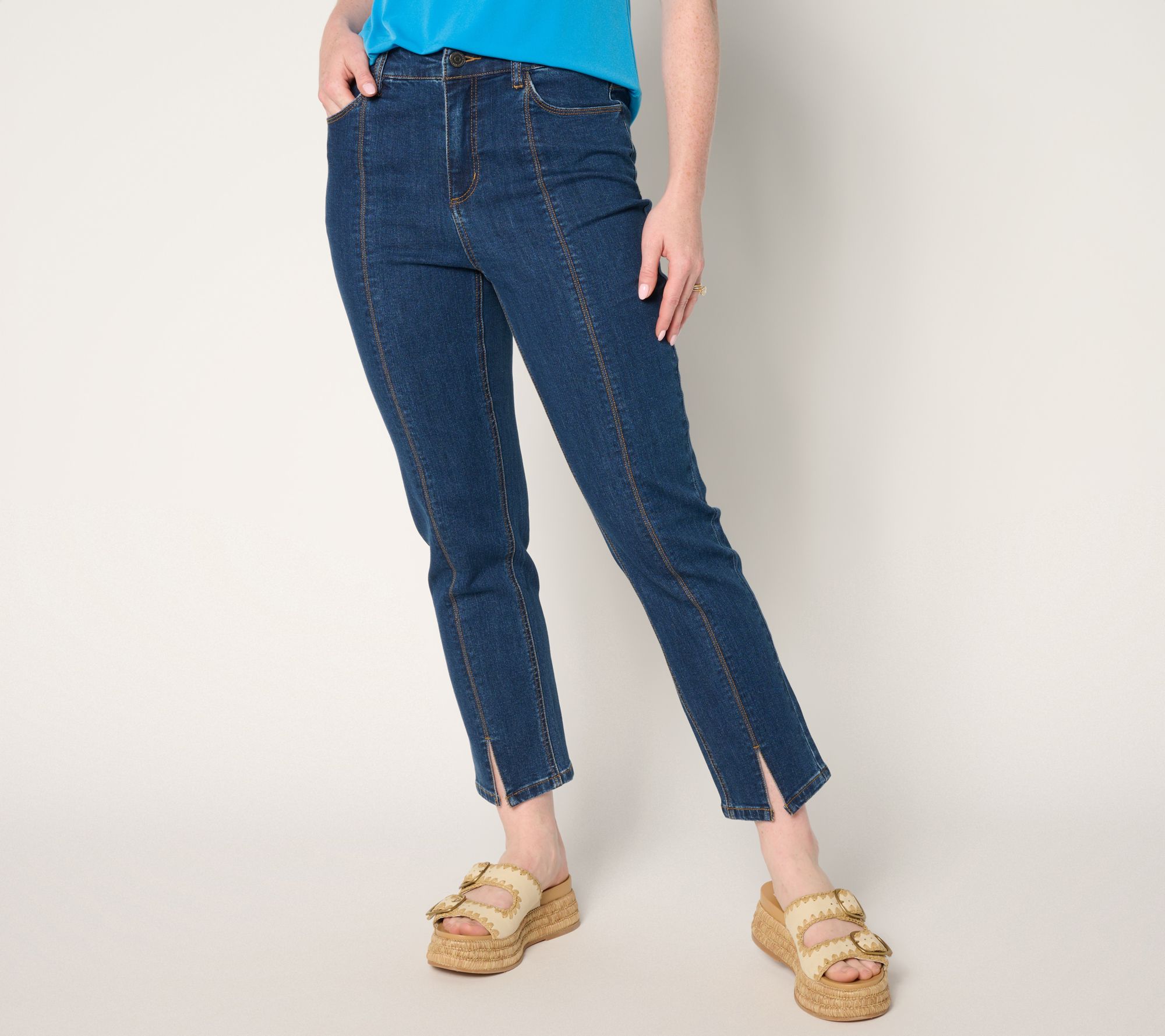 "As Is" Susan Graver Petite Stretch Denim Ankle Jean with Front Slit