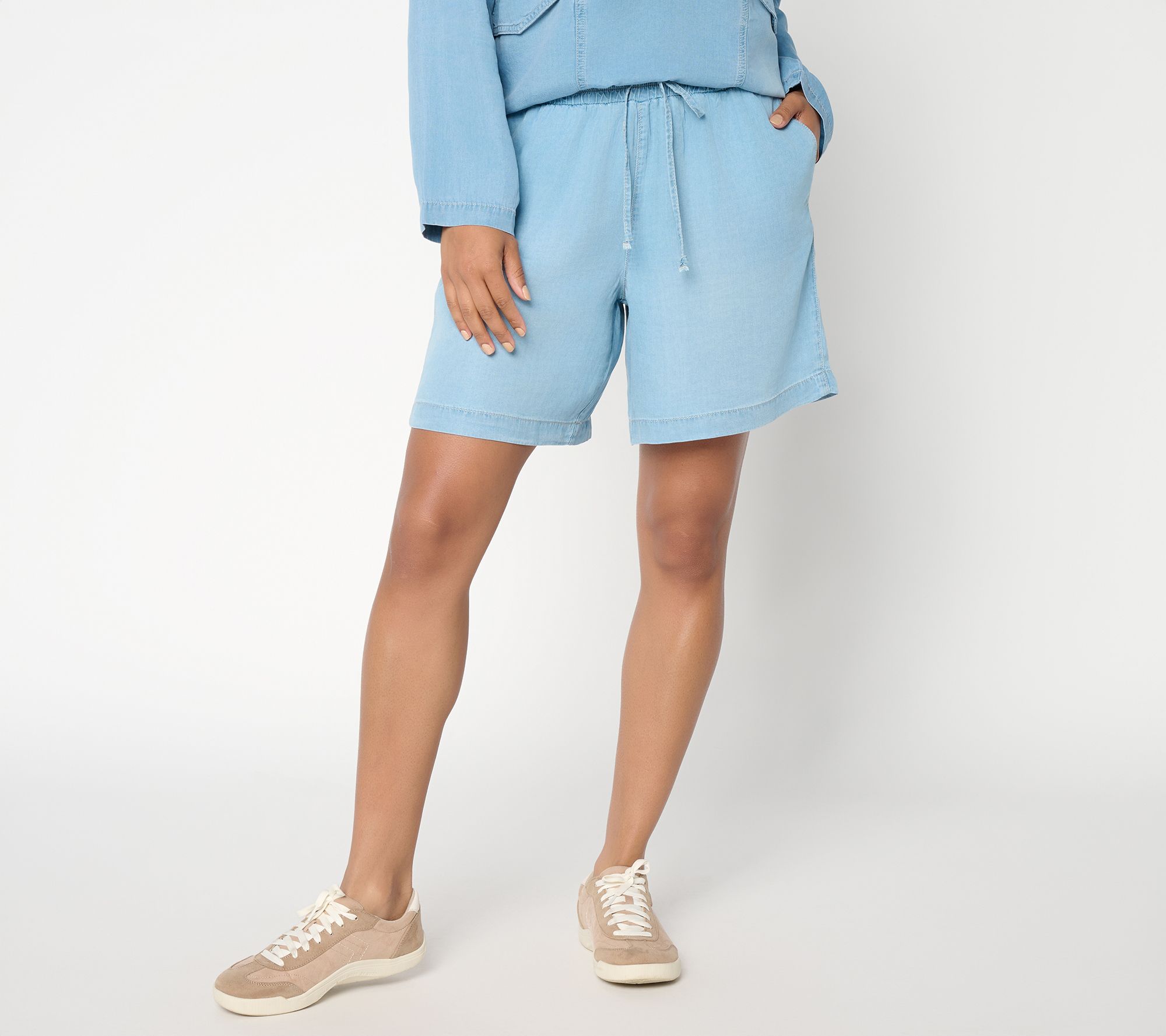 Peace Love World Petite Denim Pull On Shorts with Smocked Waist
