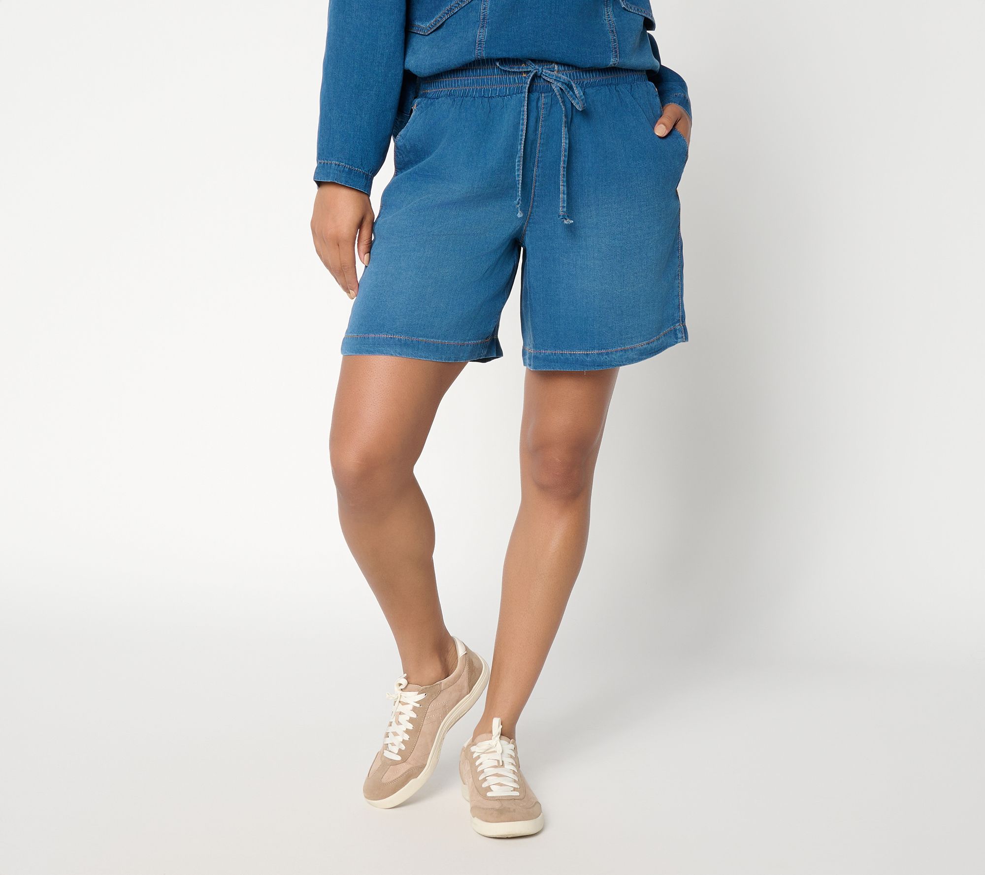Peace Love World Petite Denim Pull On Shorts with Smocked Waist