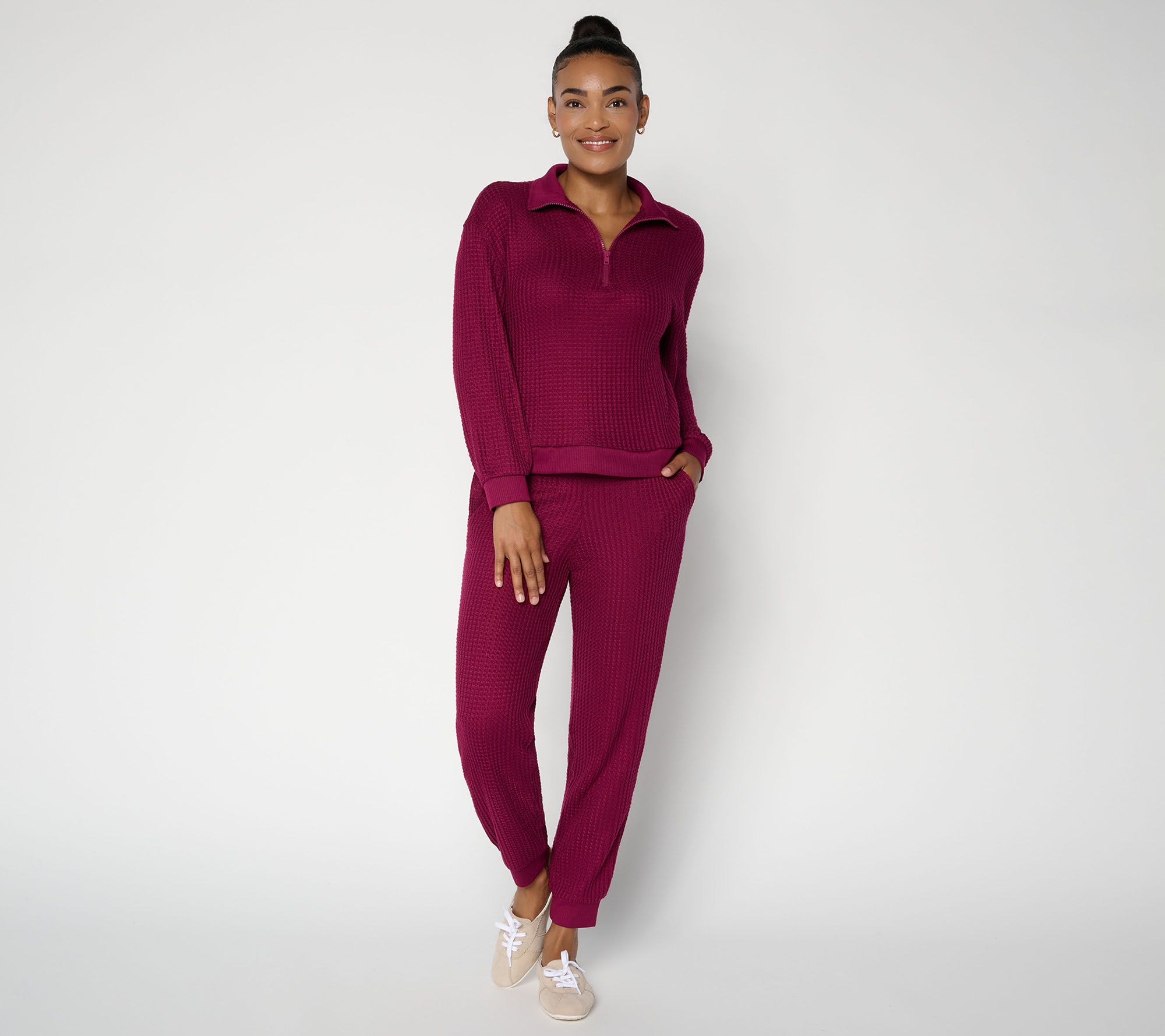  MUK LUKS Regular Waffle Quarter Zip & Jogger Set