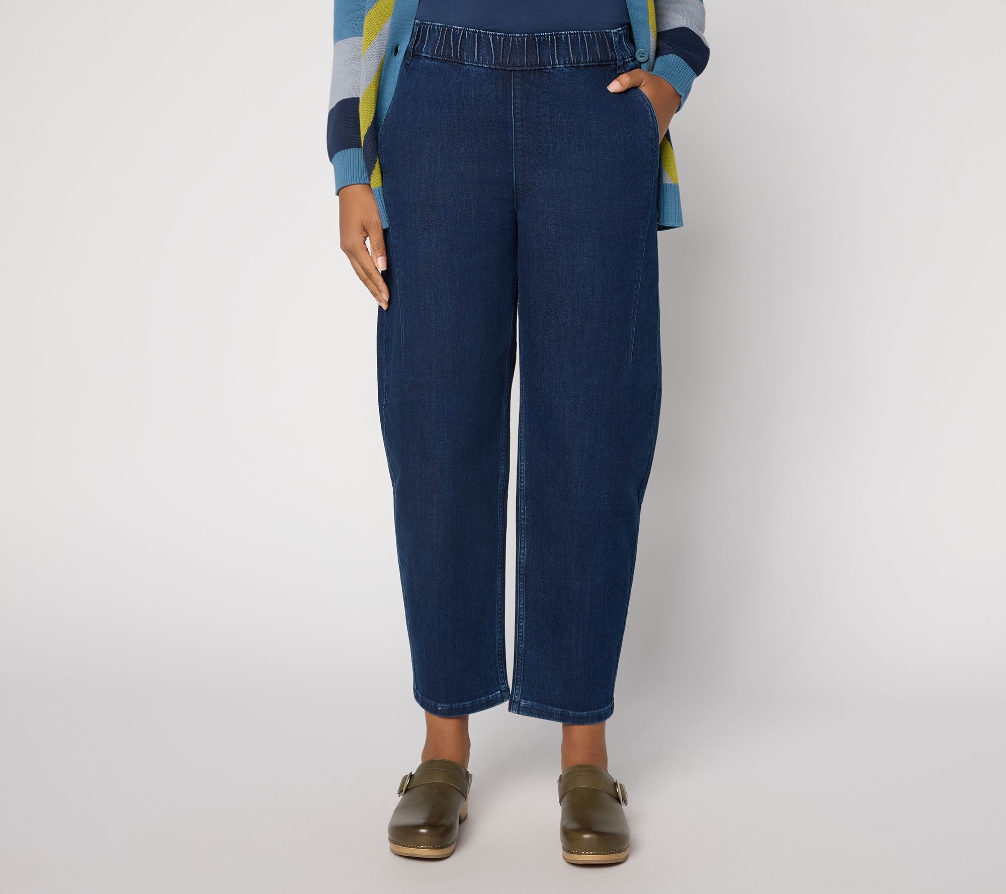 "As Is" LOGO by Lori Goldstein Petite Indigo Pull On Barrel Ankle Jeans
