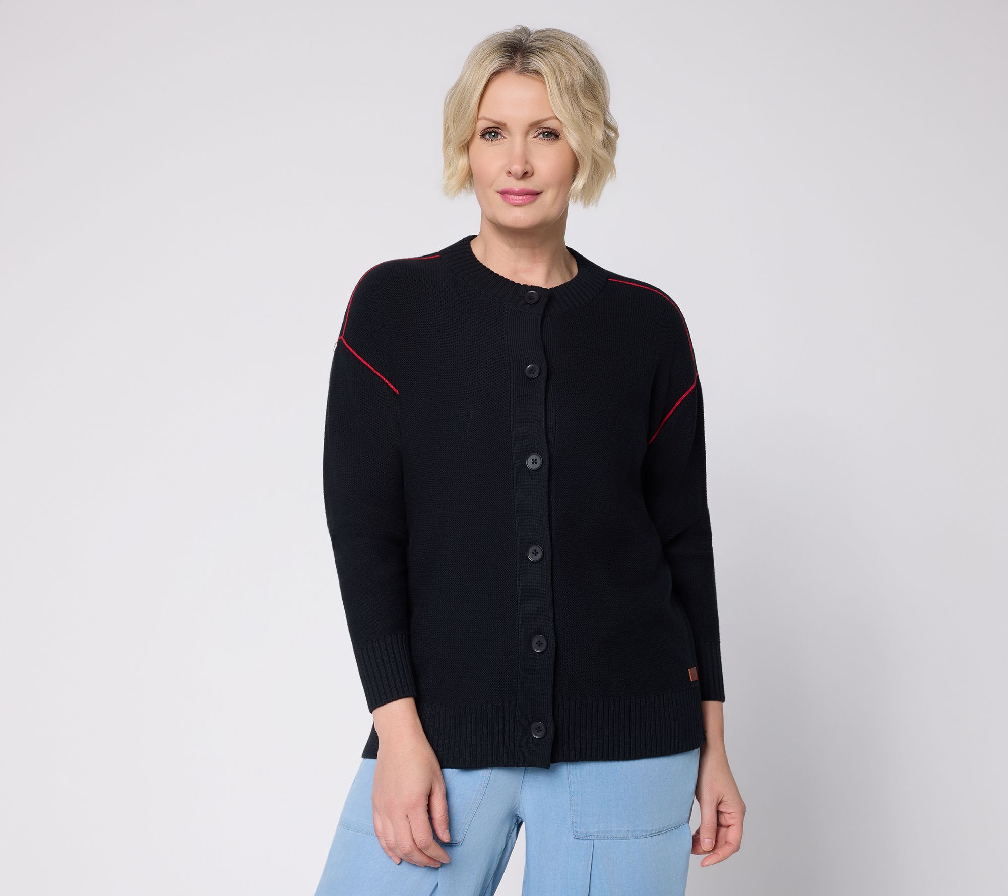 Peace Love World Relaxed 100% Cotton Cardigan with Contrast Stitch