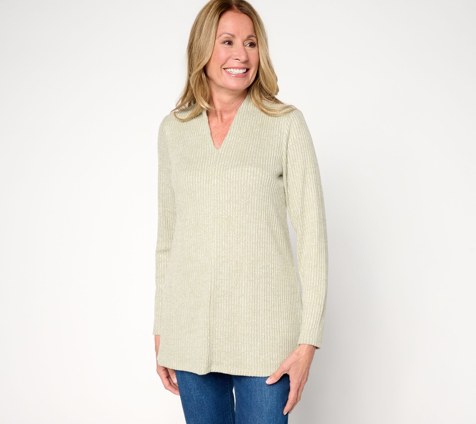 "As Is" Denim & Co. Reg Drop Needle Rib Long Sleeve V-Neck Tunic