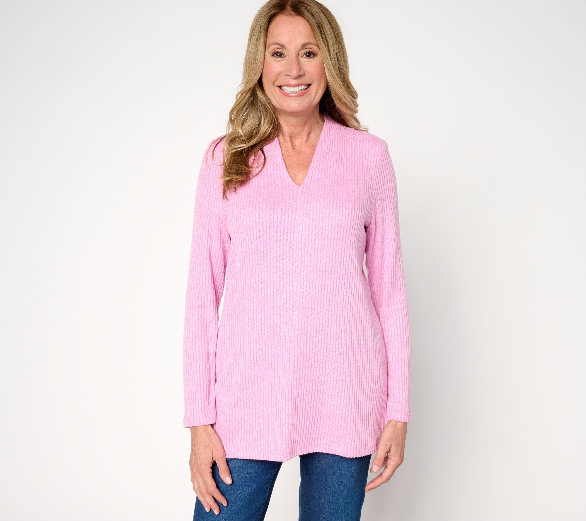 "As Is" Denim & Co. Reg Drop Needle Rib Long Sleeve V-Neck Tunic