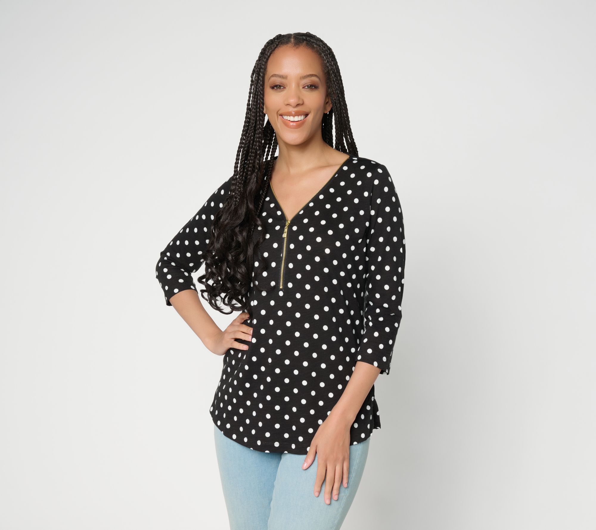 "As Is" Belle by Kim Gravel Polka Dot Signature Zip Knit Top