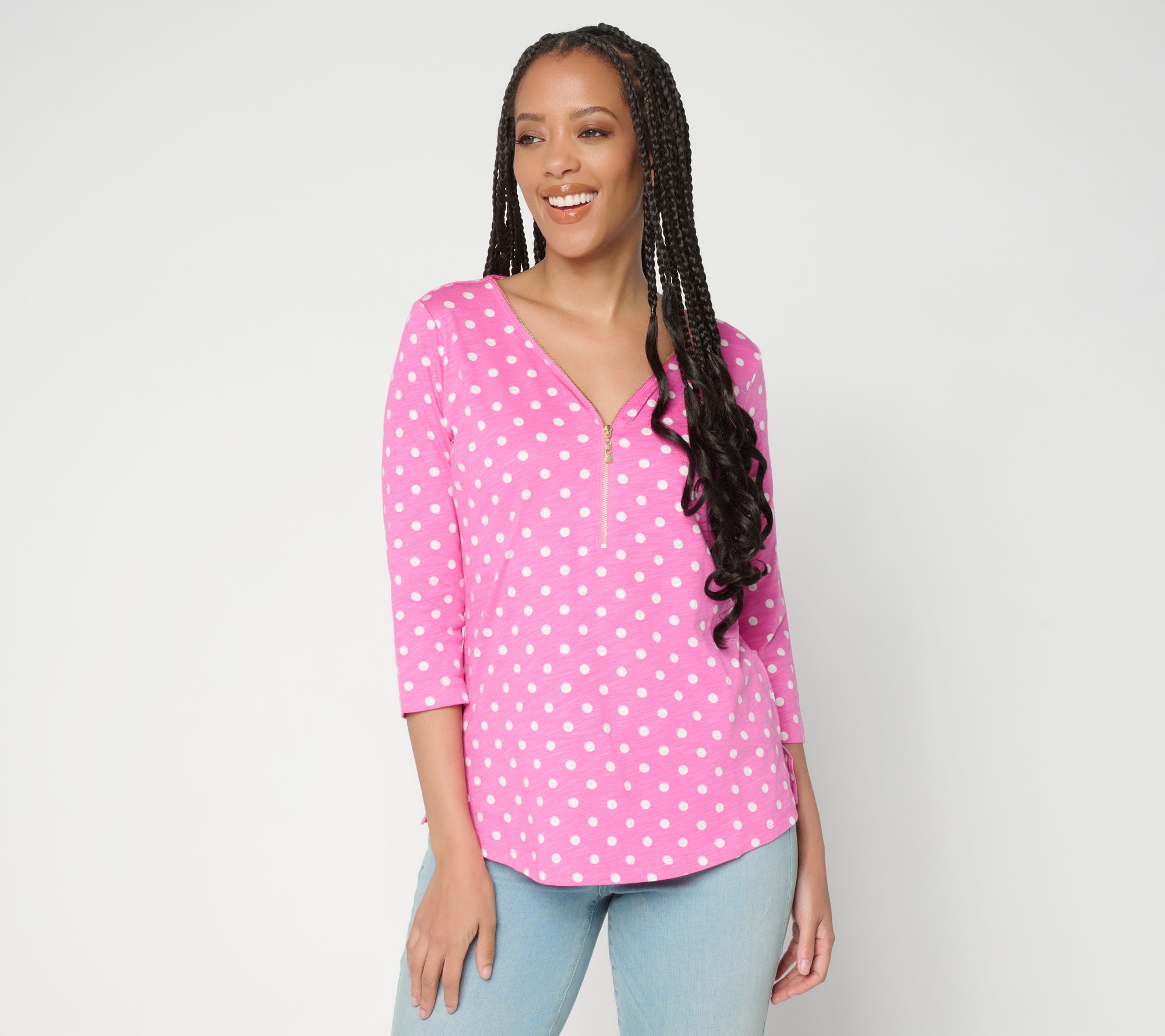 "As Is" Belle by Kim Gravel Polka Dot Signature Zip Knit Top