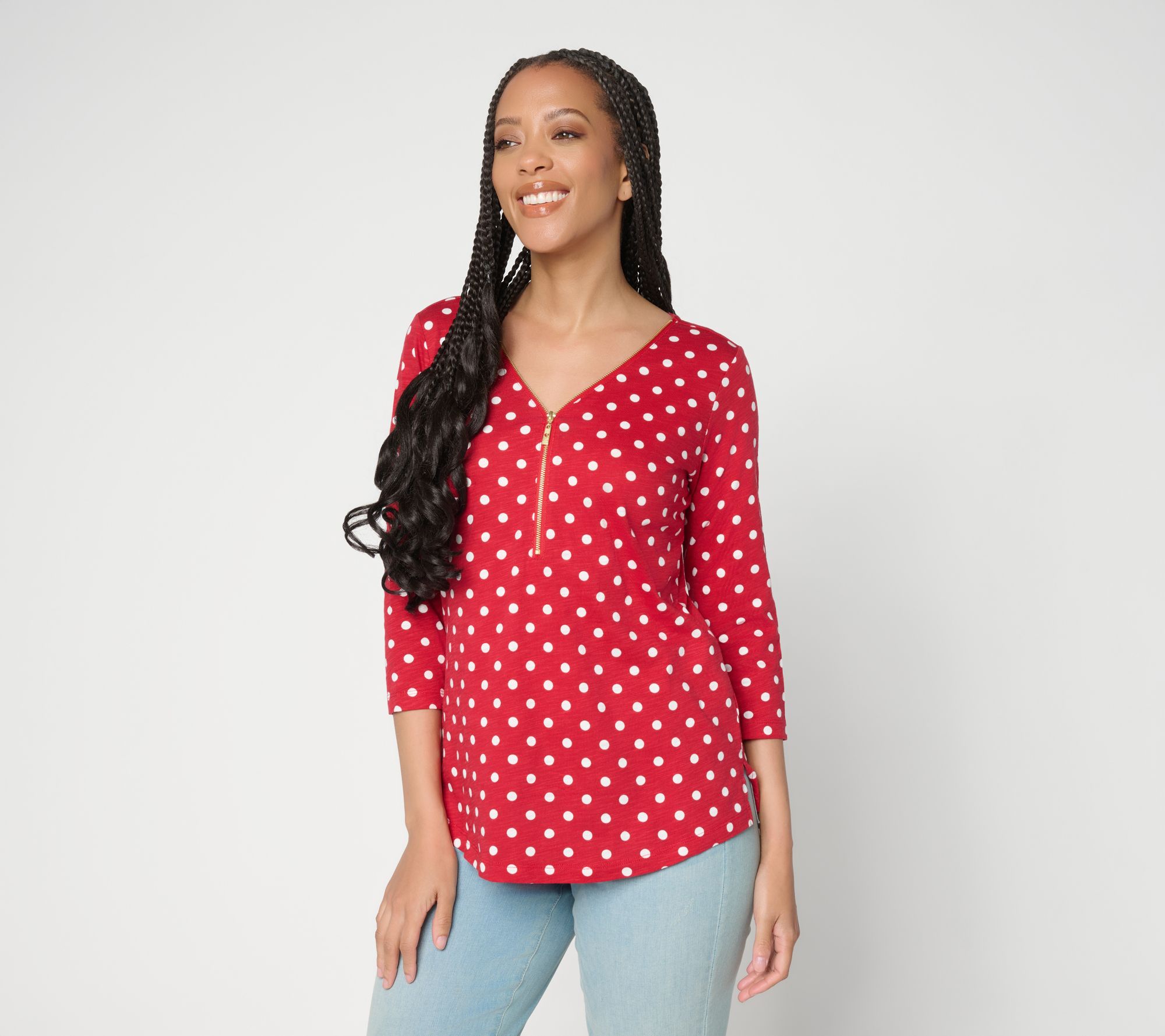 "As Is" Belle by Kim Gravel Polka Dot Signature Zip Knit Top