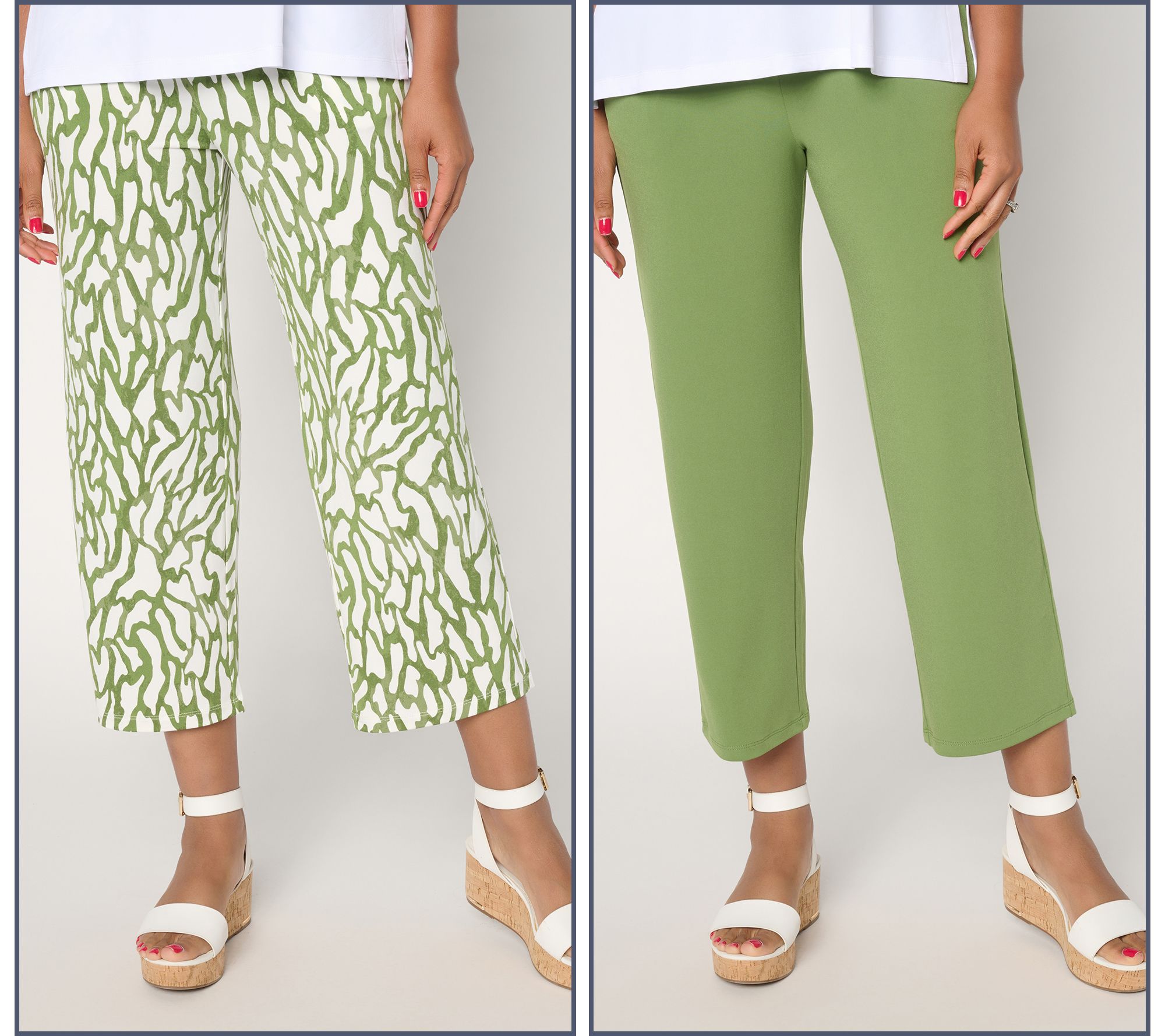 "As Is" Susan Graver Petite Liquid Knit S/2 Print & Solid Crop Pants