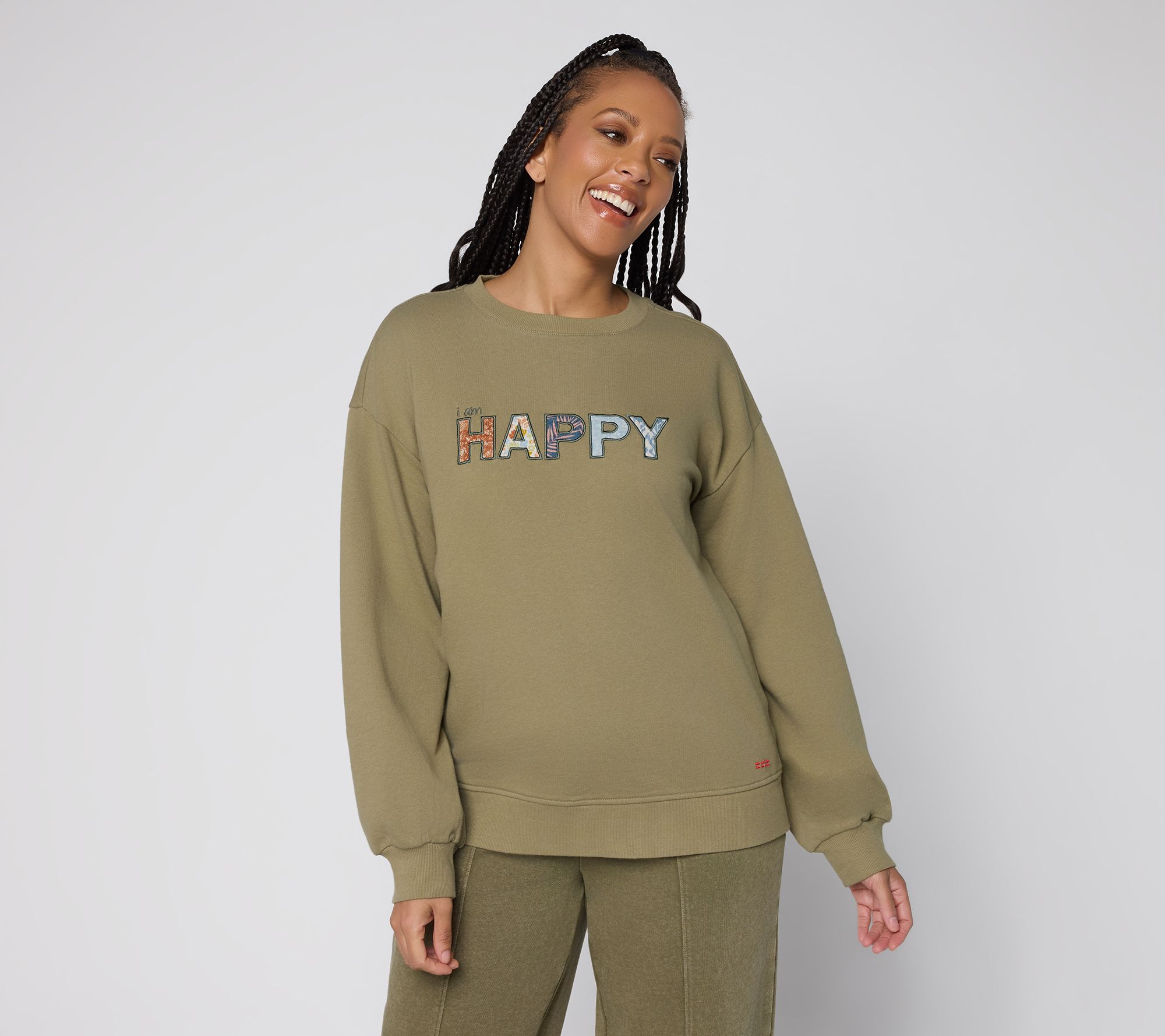 "As Is" Peace Love World Affirmation Applique Crew Neck Pullover