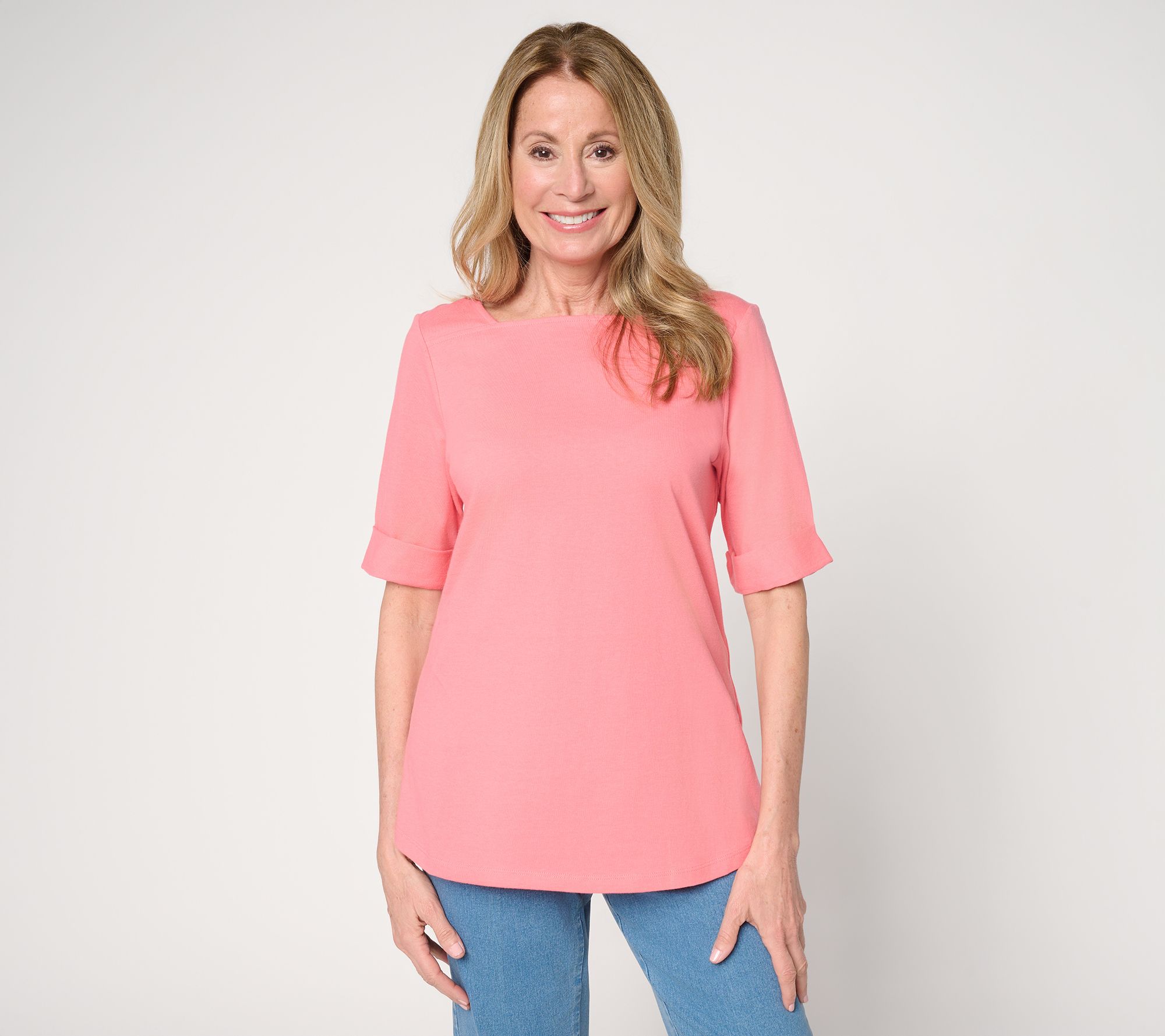 "As Is" Denim & Co. Essentials True Cotton Elbow Sleeve Boat Neck Top