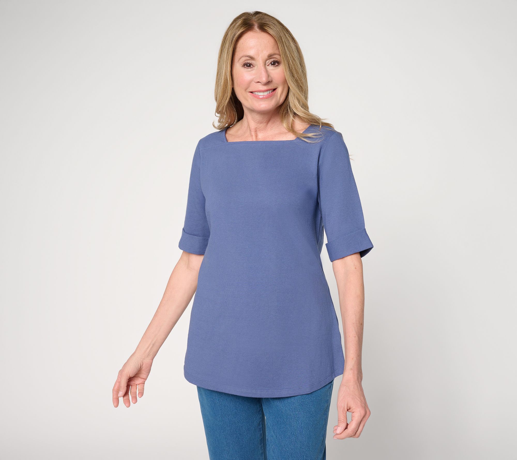 "As Is" Denim & Co. Essentials True Cotton Elbow Sleeve Boat Neck Top