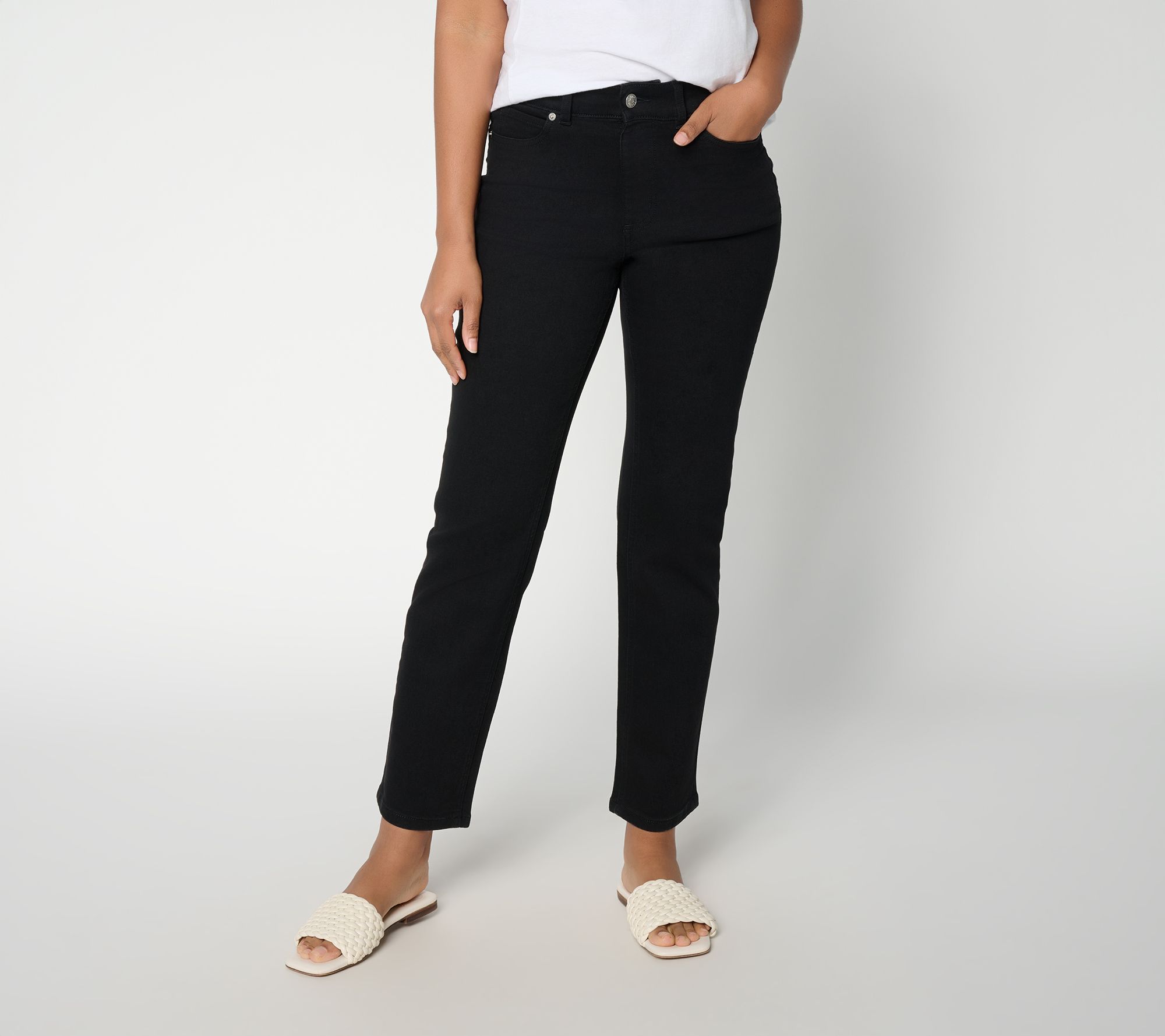 "As Is" Denim & Co. Petite Black So Soft Denim Straight Leg Jeans