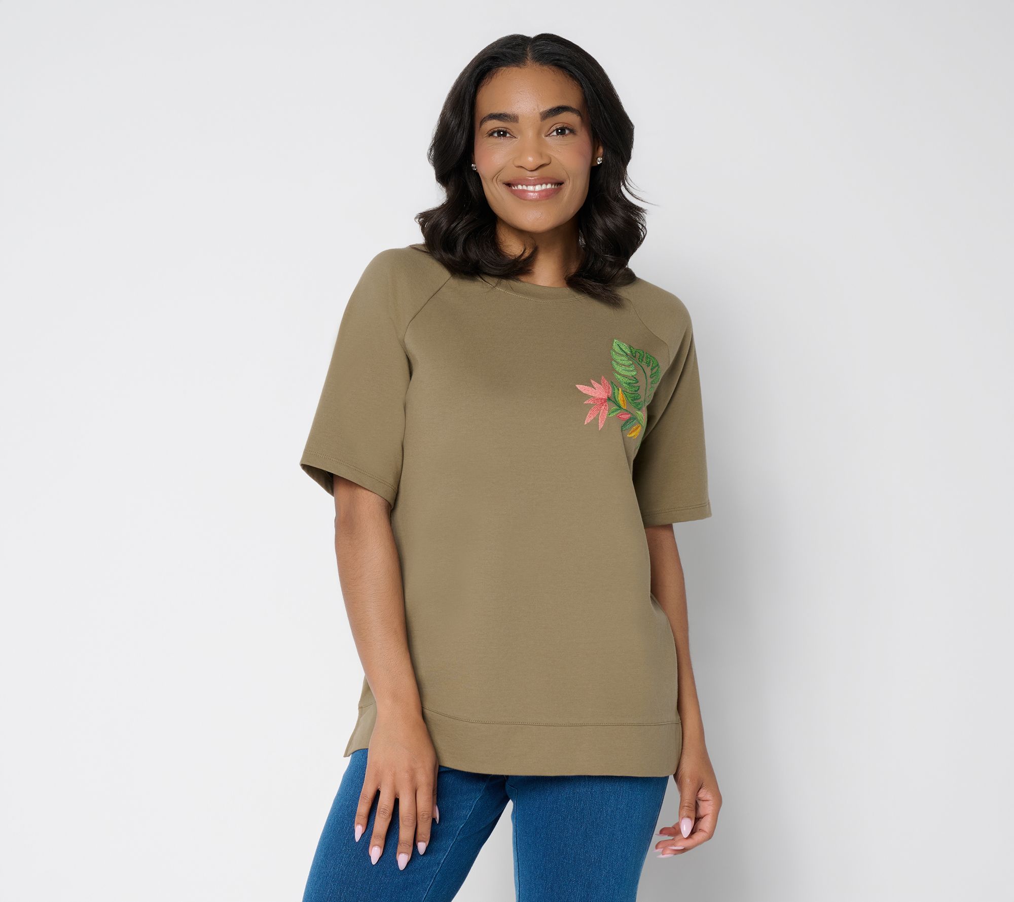 "As Is" Denim & Co. Embroidered French Terry Raglan Sleeve Top