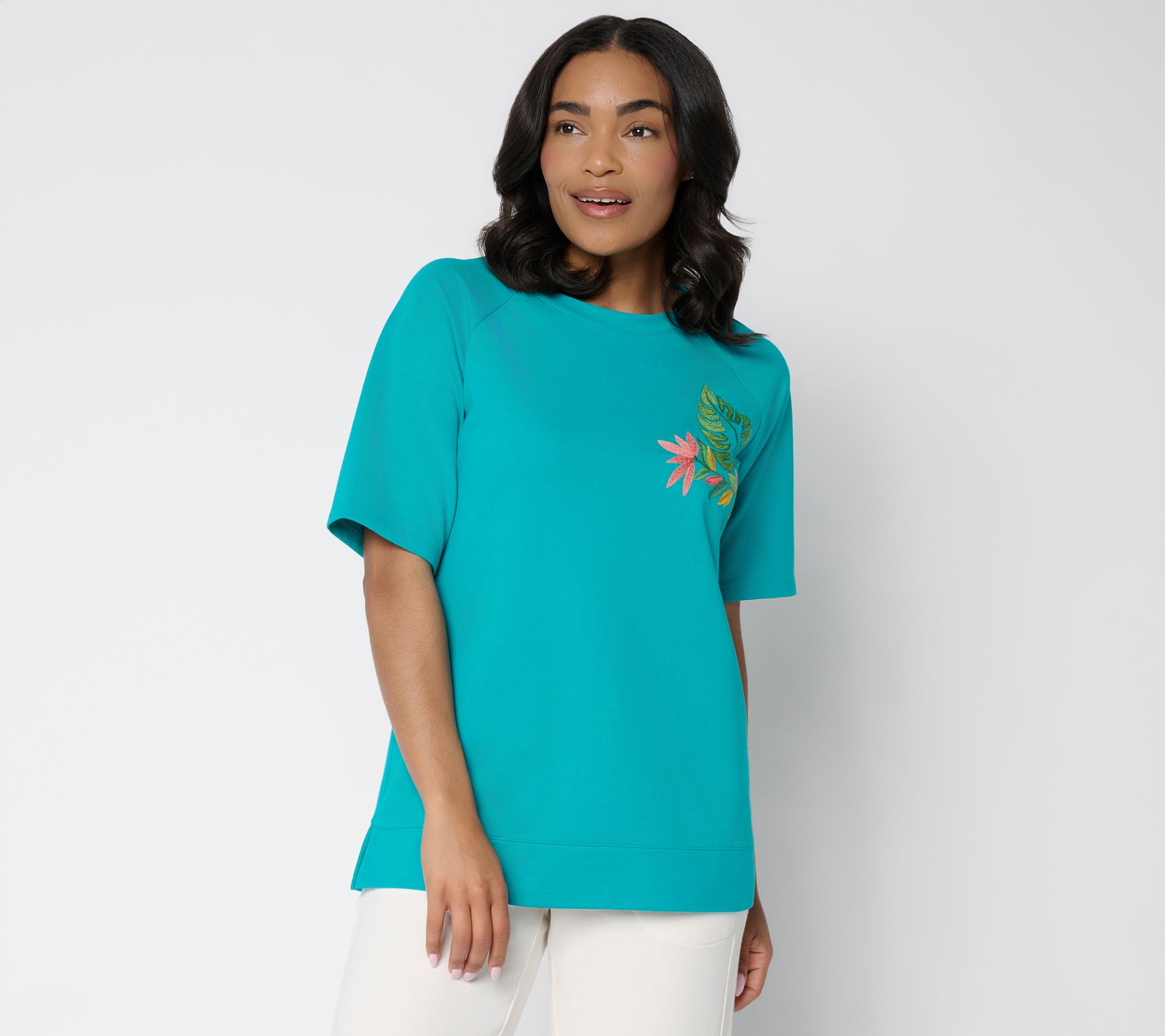 "As Is" Denim & Co. Embroidered French Terry Raglan Sleeve Top