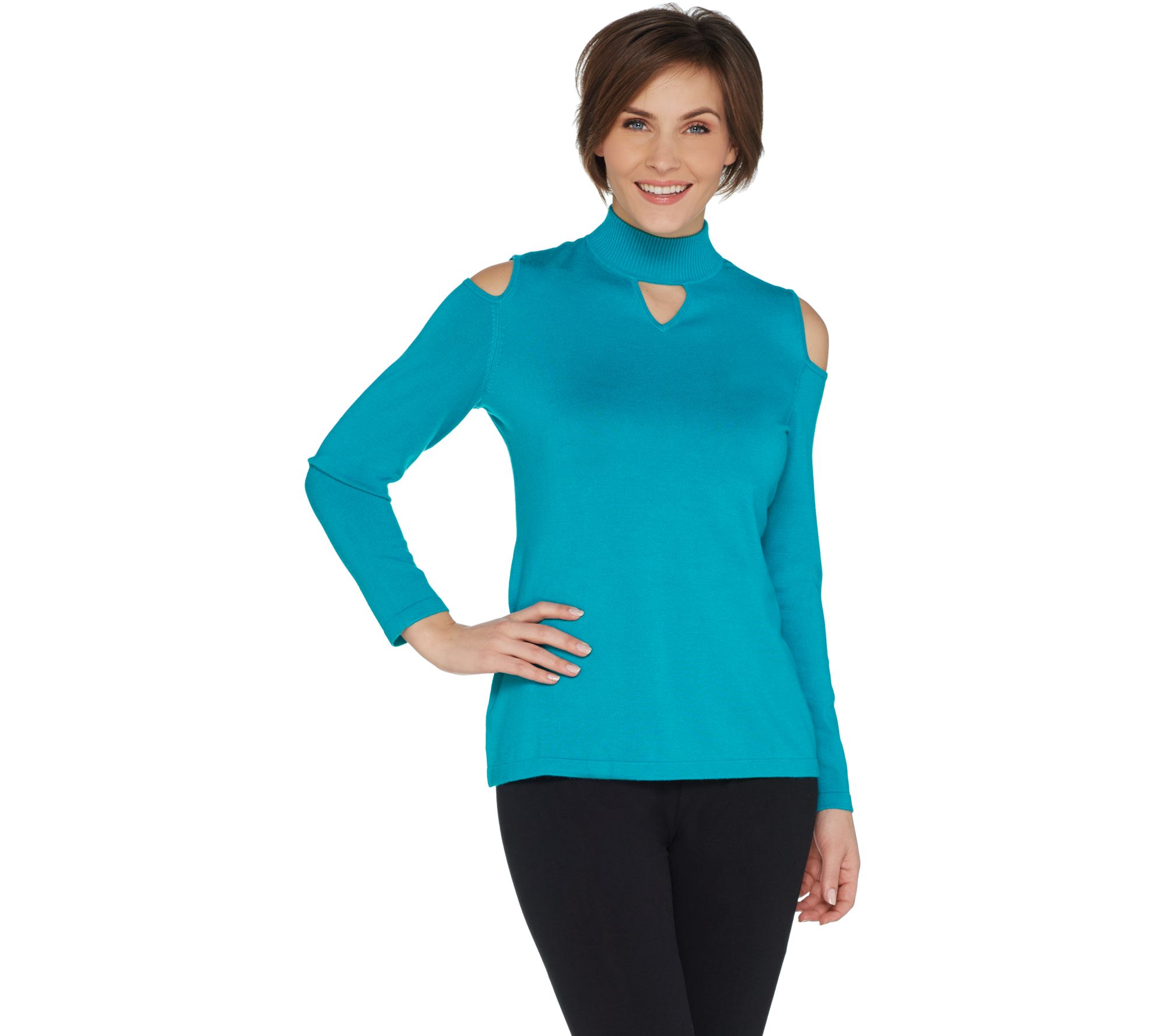 "As Is" Susan Graver Rayon Nylon Cold Shoulder Mock Neck Sweater