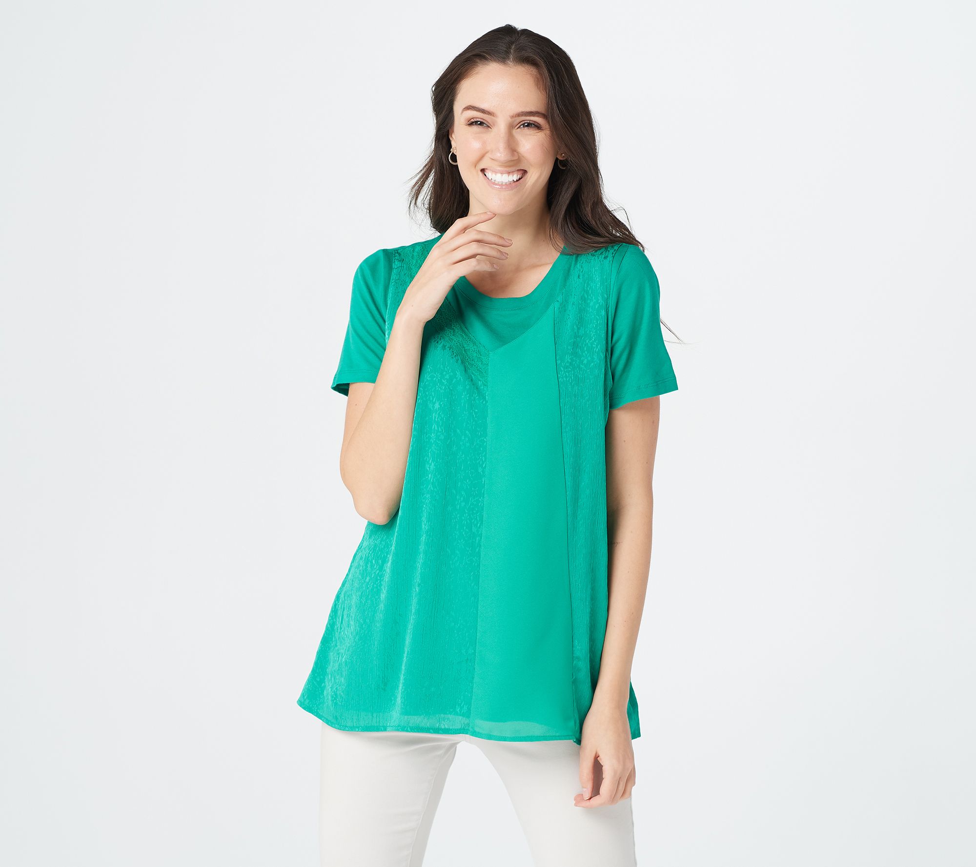 LOGO by Lori Goldstein Cotton Modal Top with Mixed Media - QVC.com