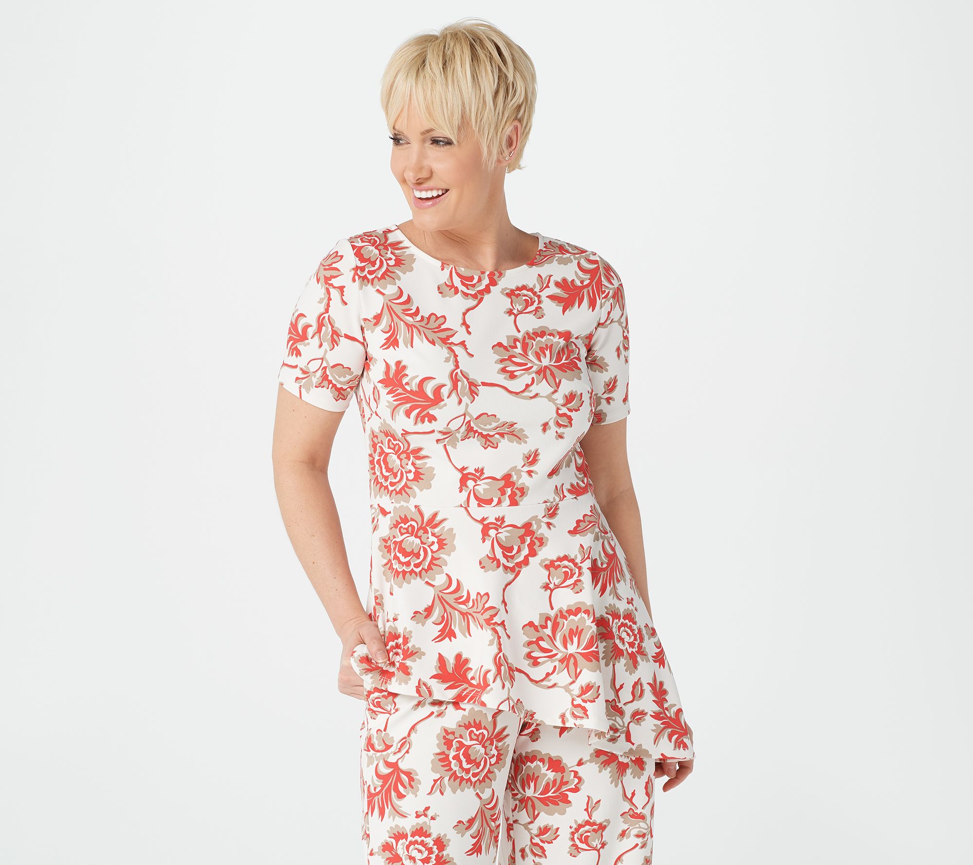 Dennis Basso Printed Luxe Crepe Short-Sleeve Peplum Top