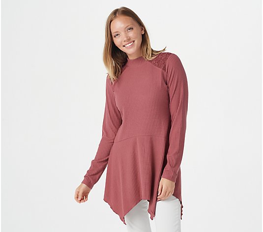 LOGO by Lori Goldstein Long-Sleeve Knit Top with Lace Inset