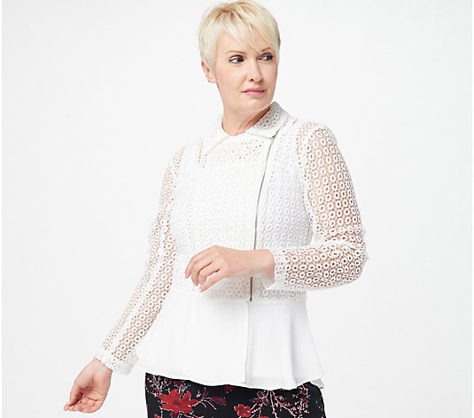 "As Is" Truth + Style Eyelet Open Weave Jacket with Chiffon Trim