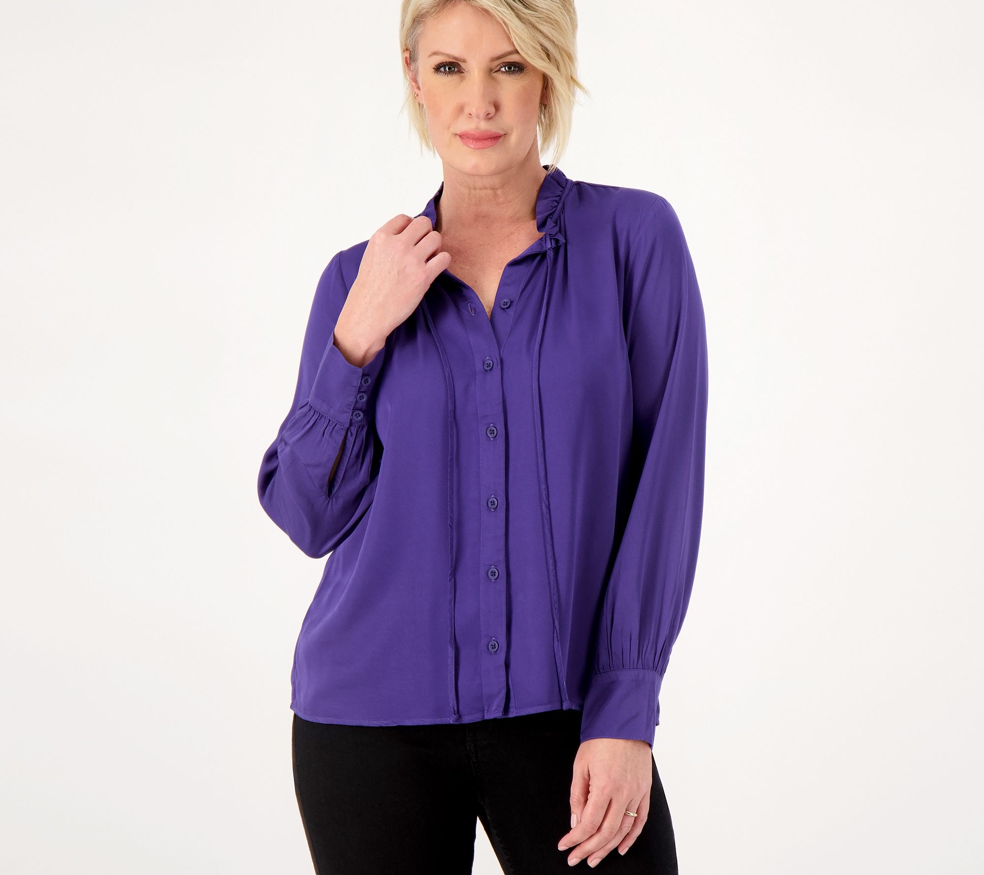Side Stitch Button Down Top with Ruffle Neck