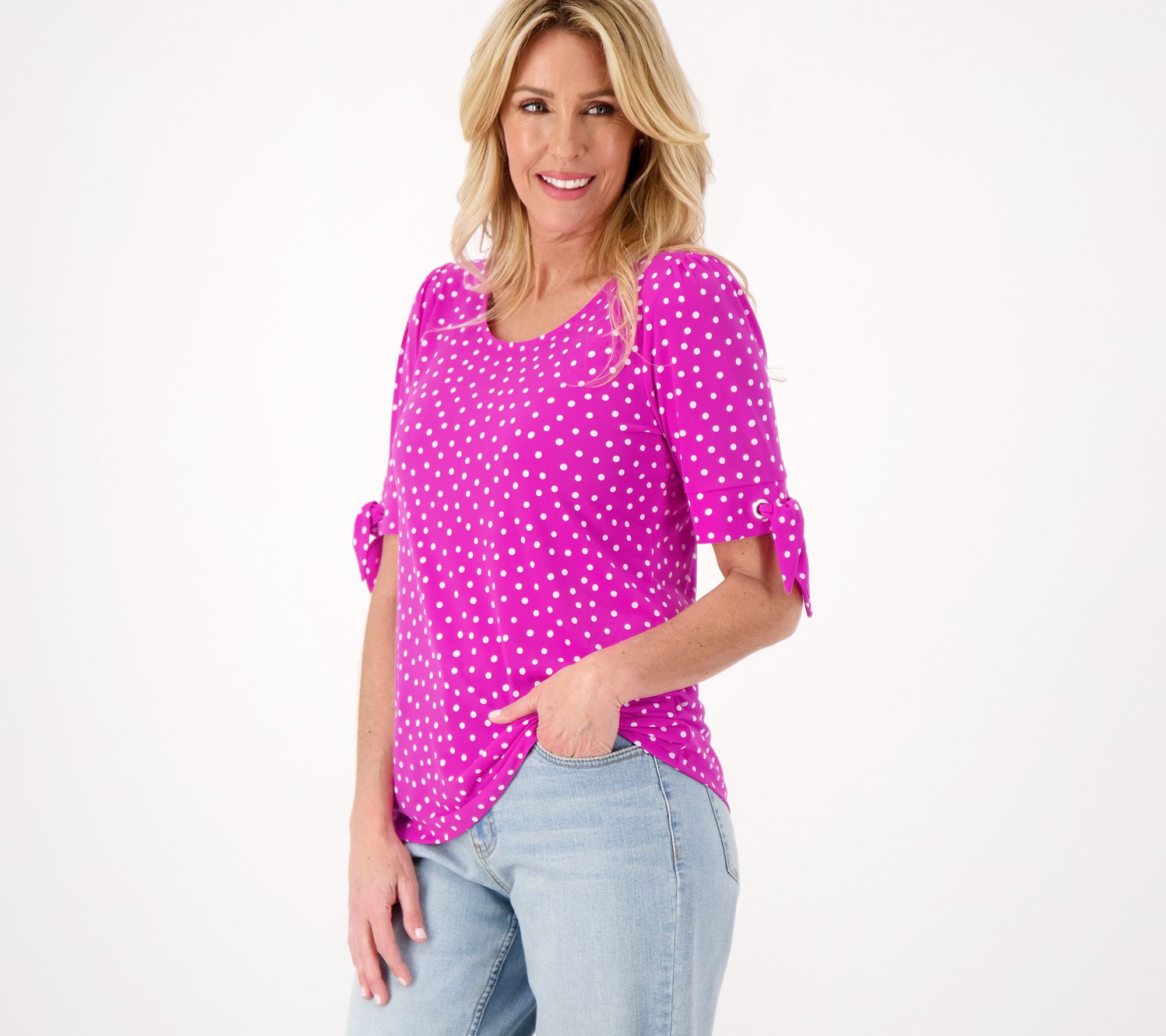 Susan Graver Printed Liquid Knit Elbow-Sleeve Top with Ties - QVC.com