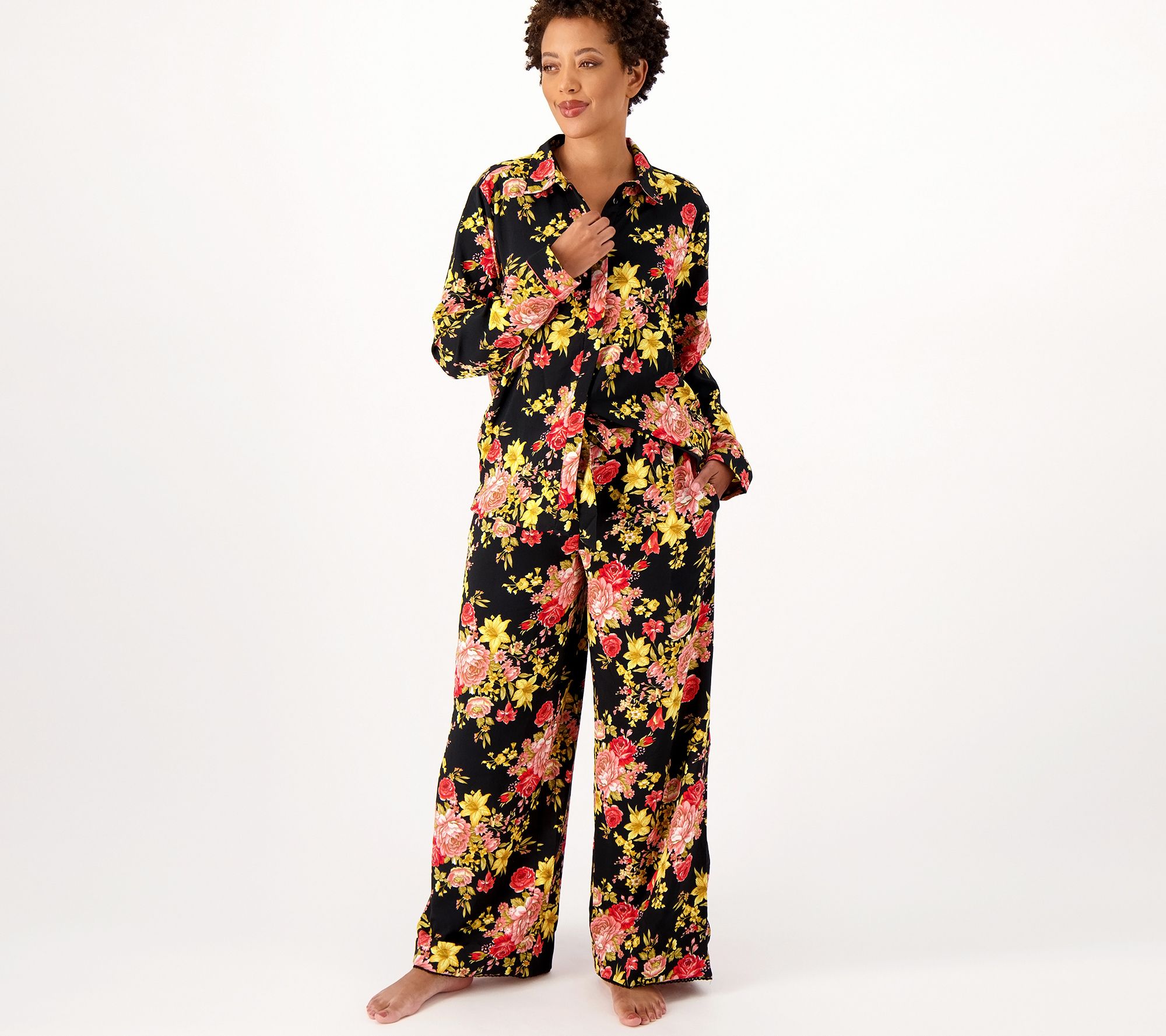 "As Is" Tolani Zadie Nothced Collar Top & Relaxed Fit Pant PJ Set