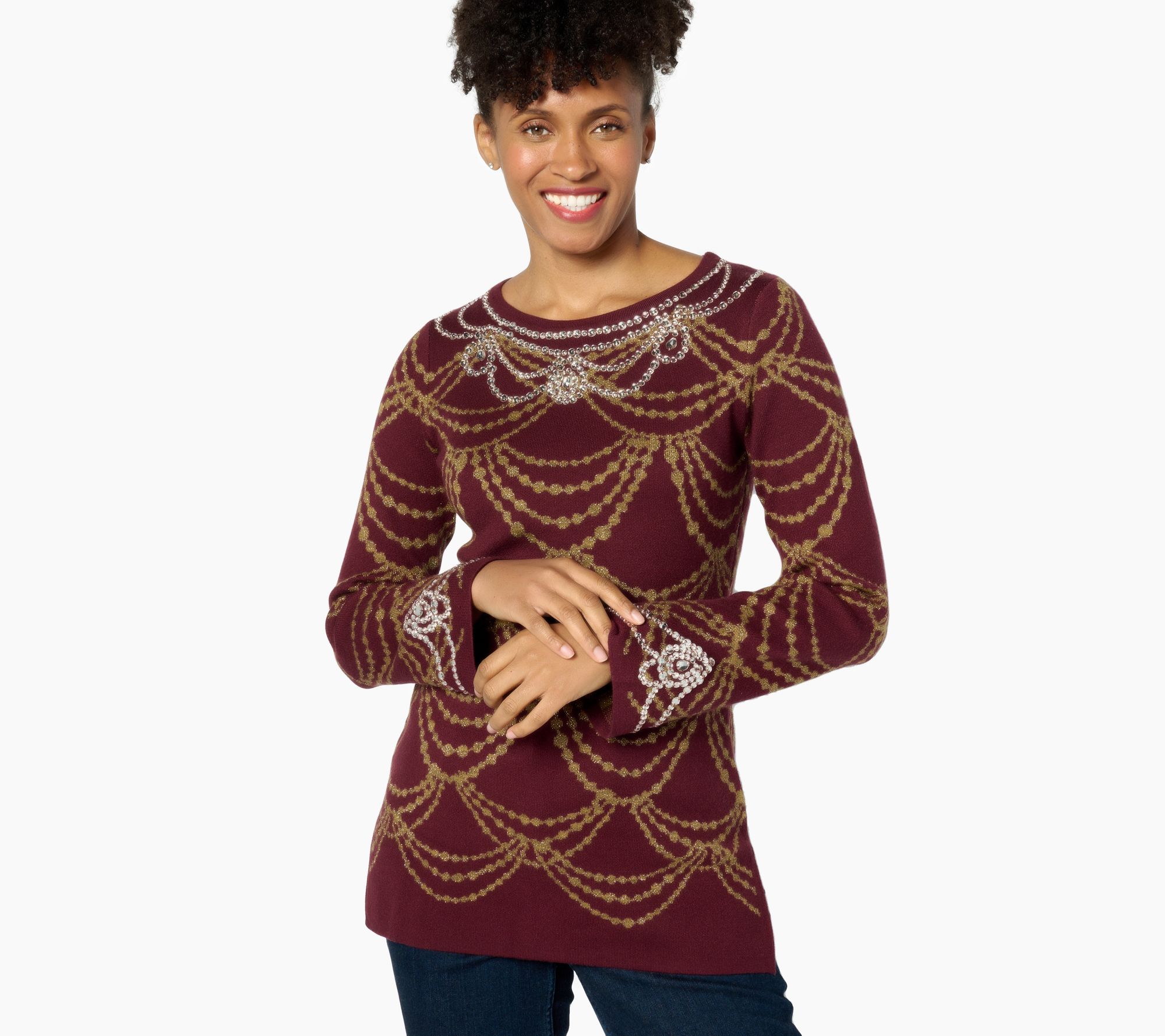 Isaac Mizrahi Live! Petite Jacquard Sweater w/ Metallic Detail
